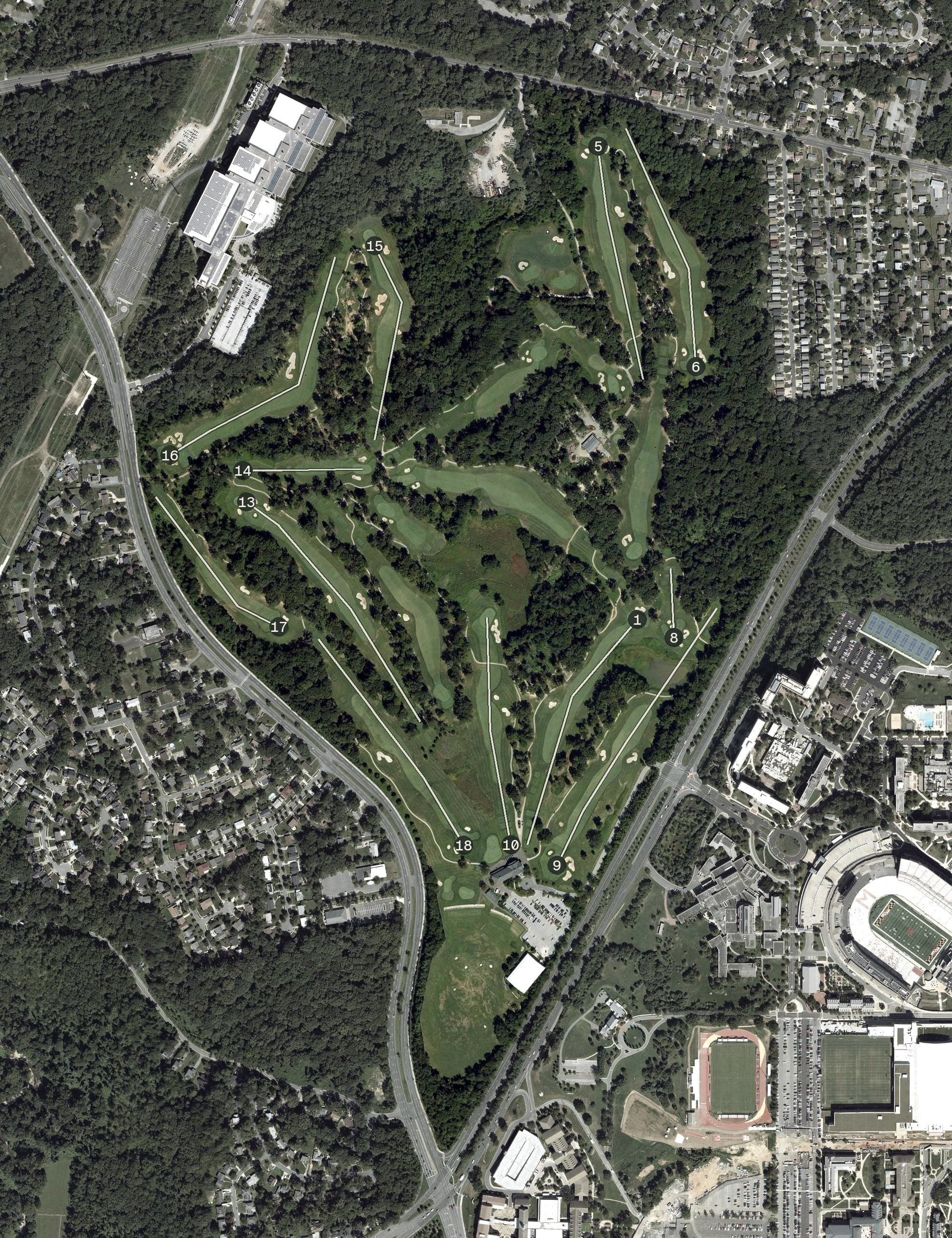 Aerial view of University of Maryland Golf Course, MD, with its hole routing marked