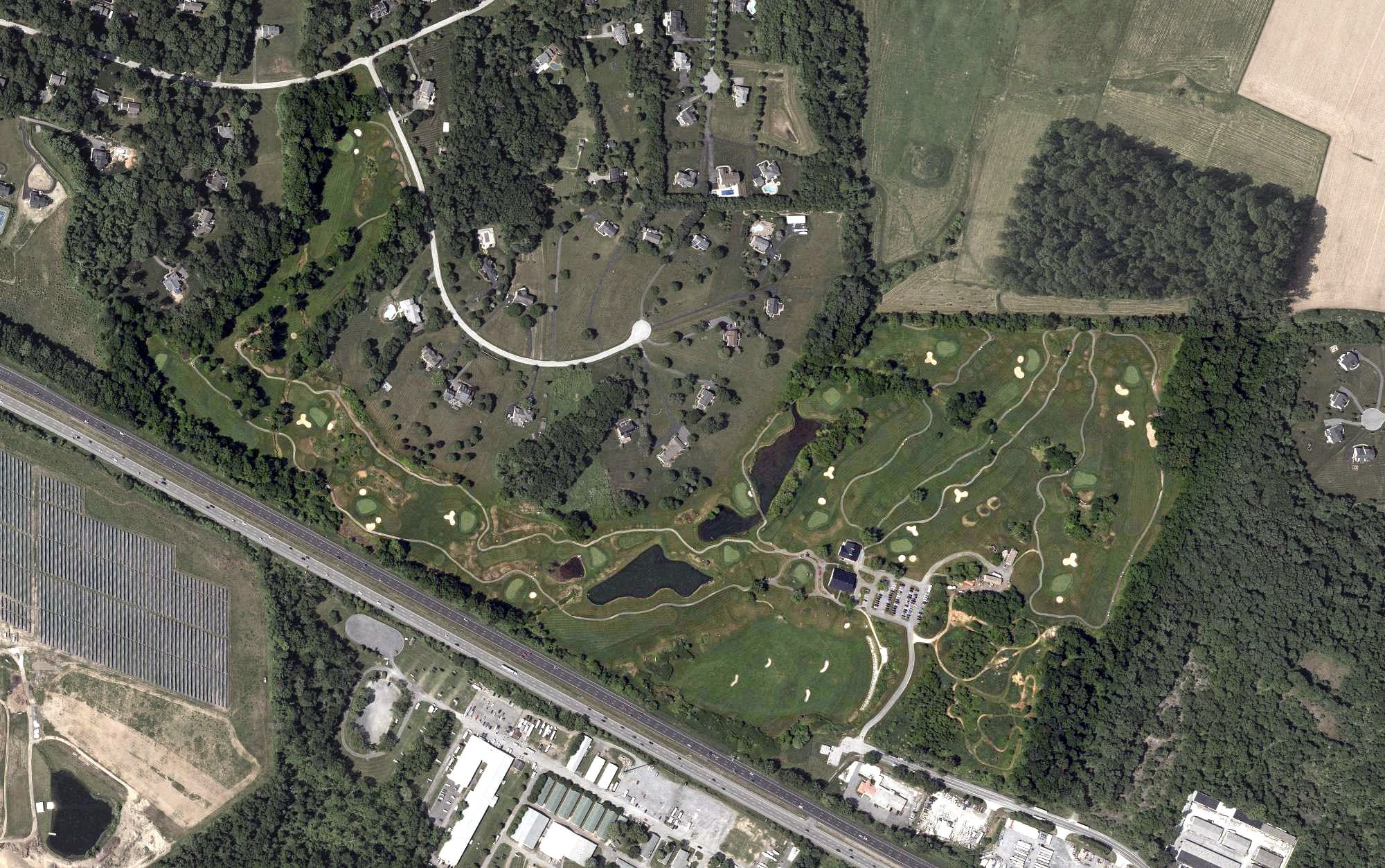 Aerial view of Willow Springs Golf Course, MD, with its hole routing marked