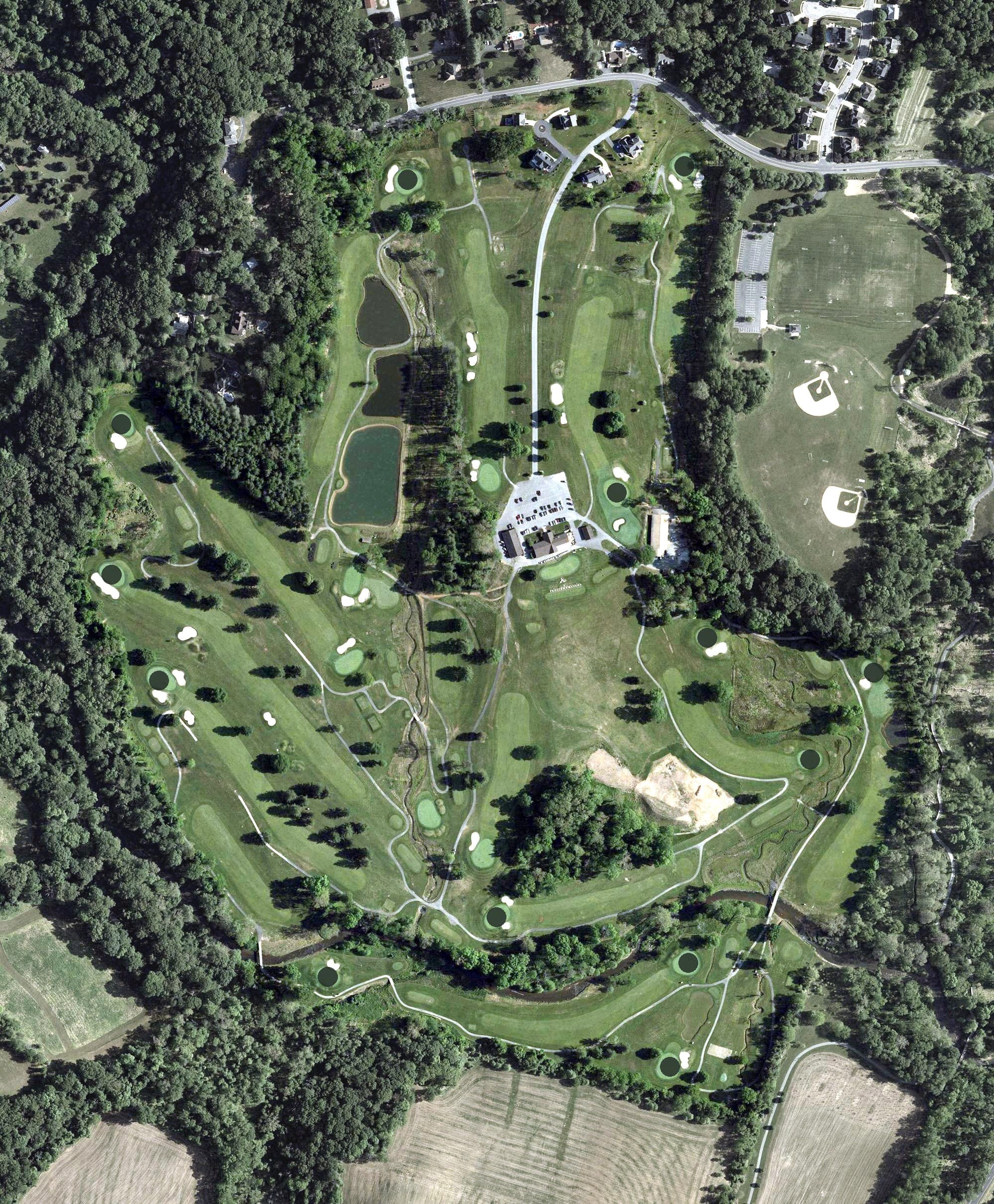 Aerial view of Winters Run Golf Club, MD, with its hole routing marked