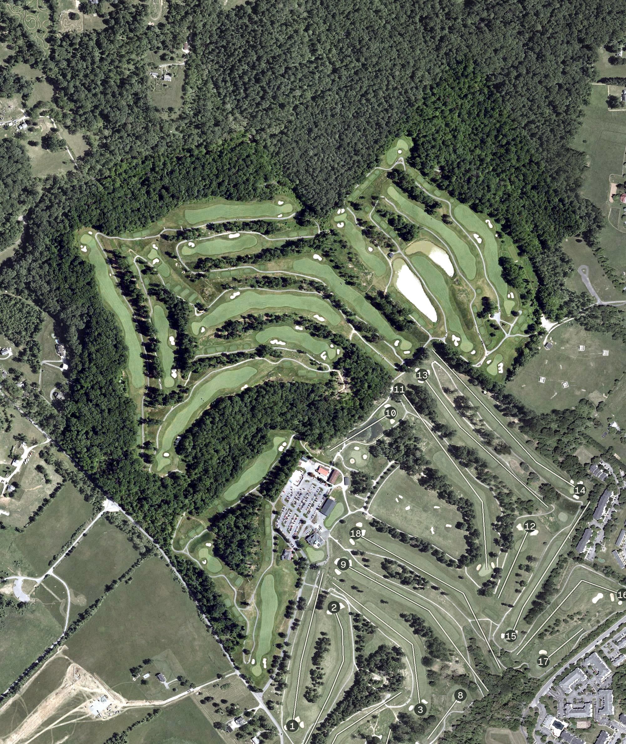 Aerial view of Woodlands Golf Course, MD, with its hole routing marked