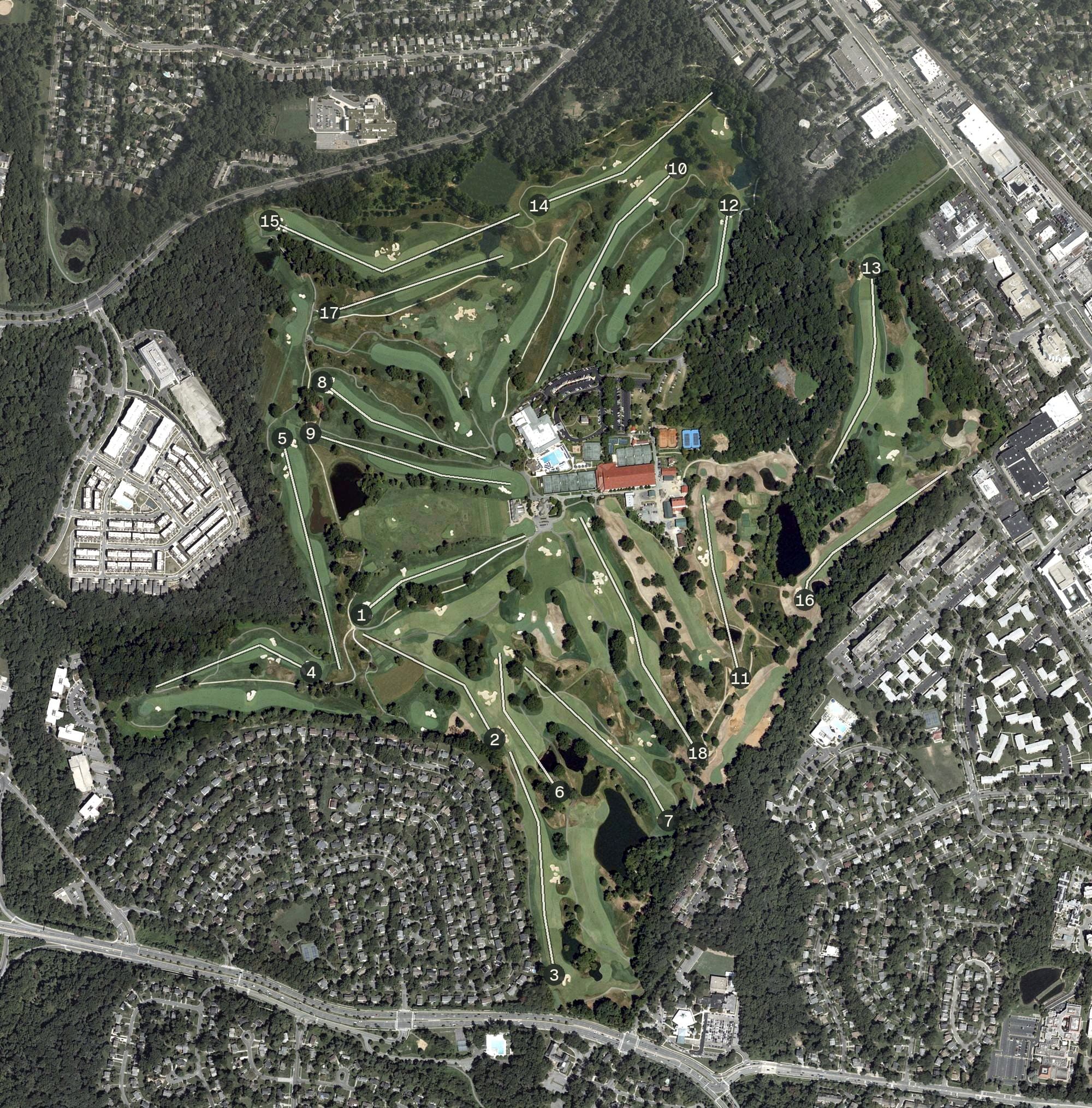 Aerial view of Woodmont Country Club, MD, with its hole routing marked