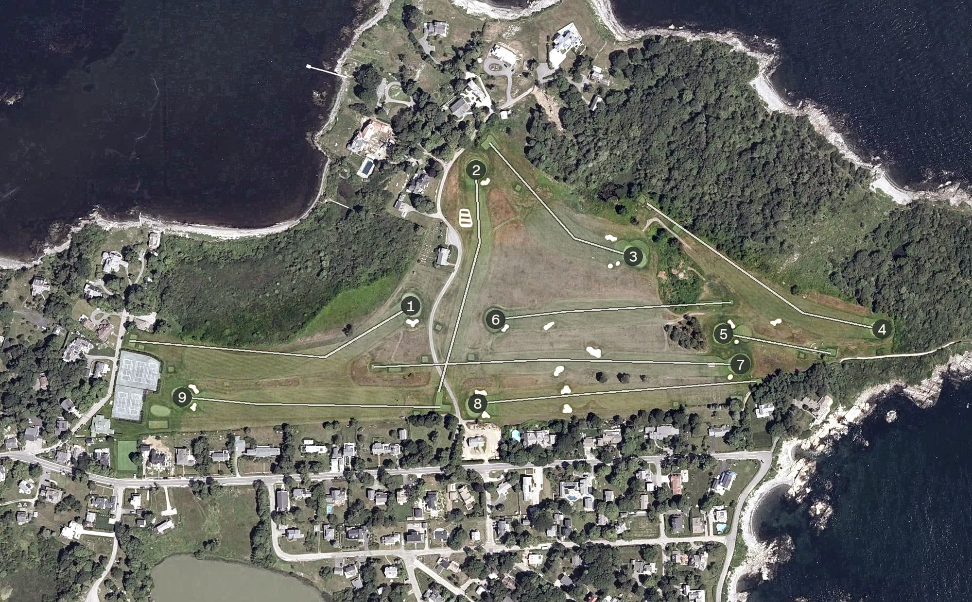 Aerial view of Abenakee Golf Club, ME, with its hole routing marked