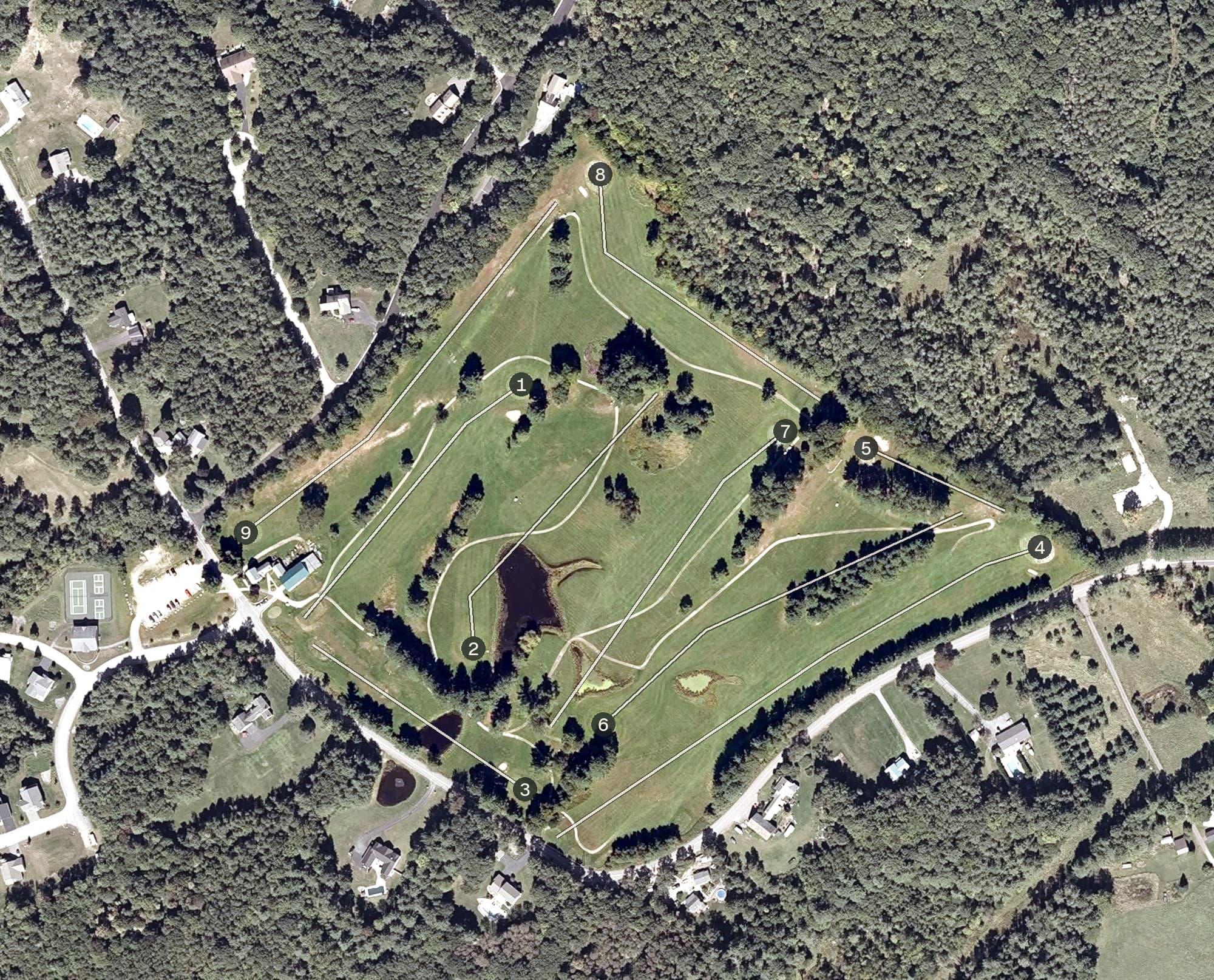 Aerial view of Apple Valley Golf Course, ME, with its hole routing marked