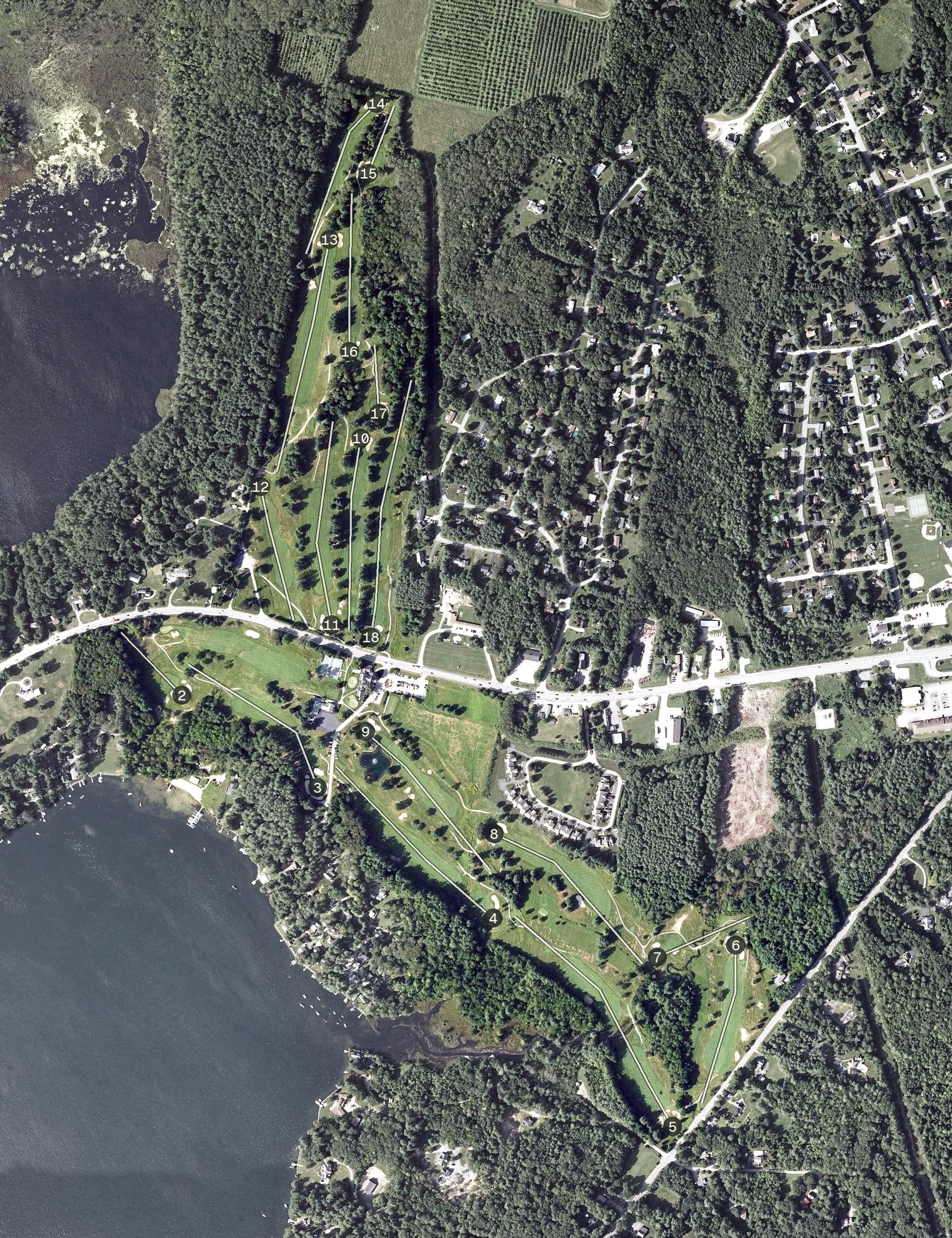 Aerial view of Augusta Country Club, ME, with its hole routing marked