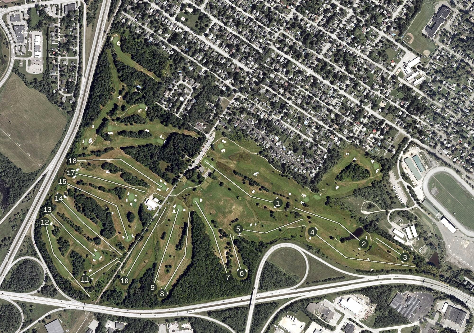 Aerial view of Bangor Municipal Golf Course, ME, with its hole routing marked
