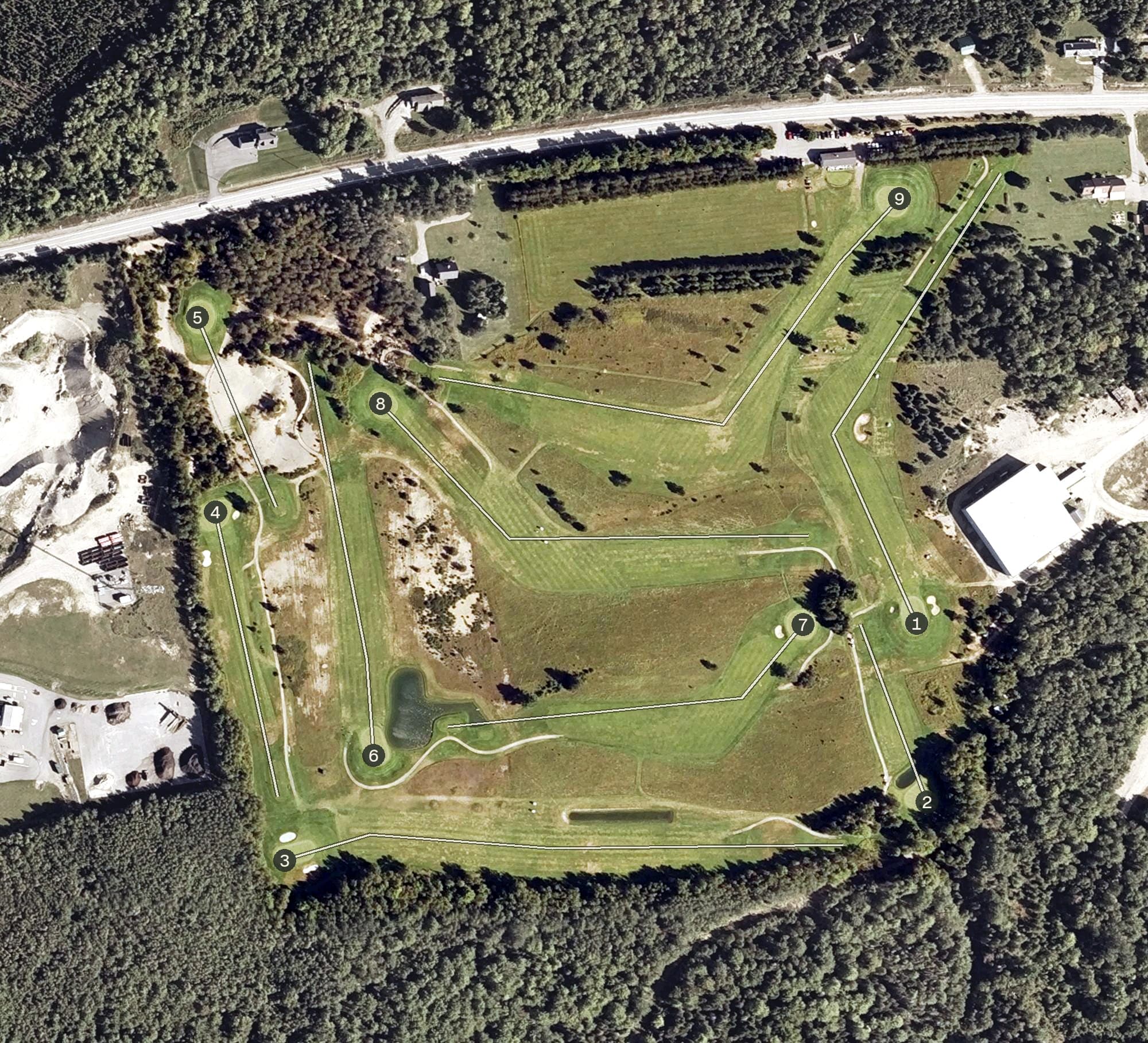 Aerial view of Barren View Golf Course, ME, with its hole routing marked