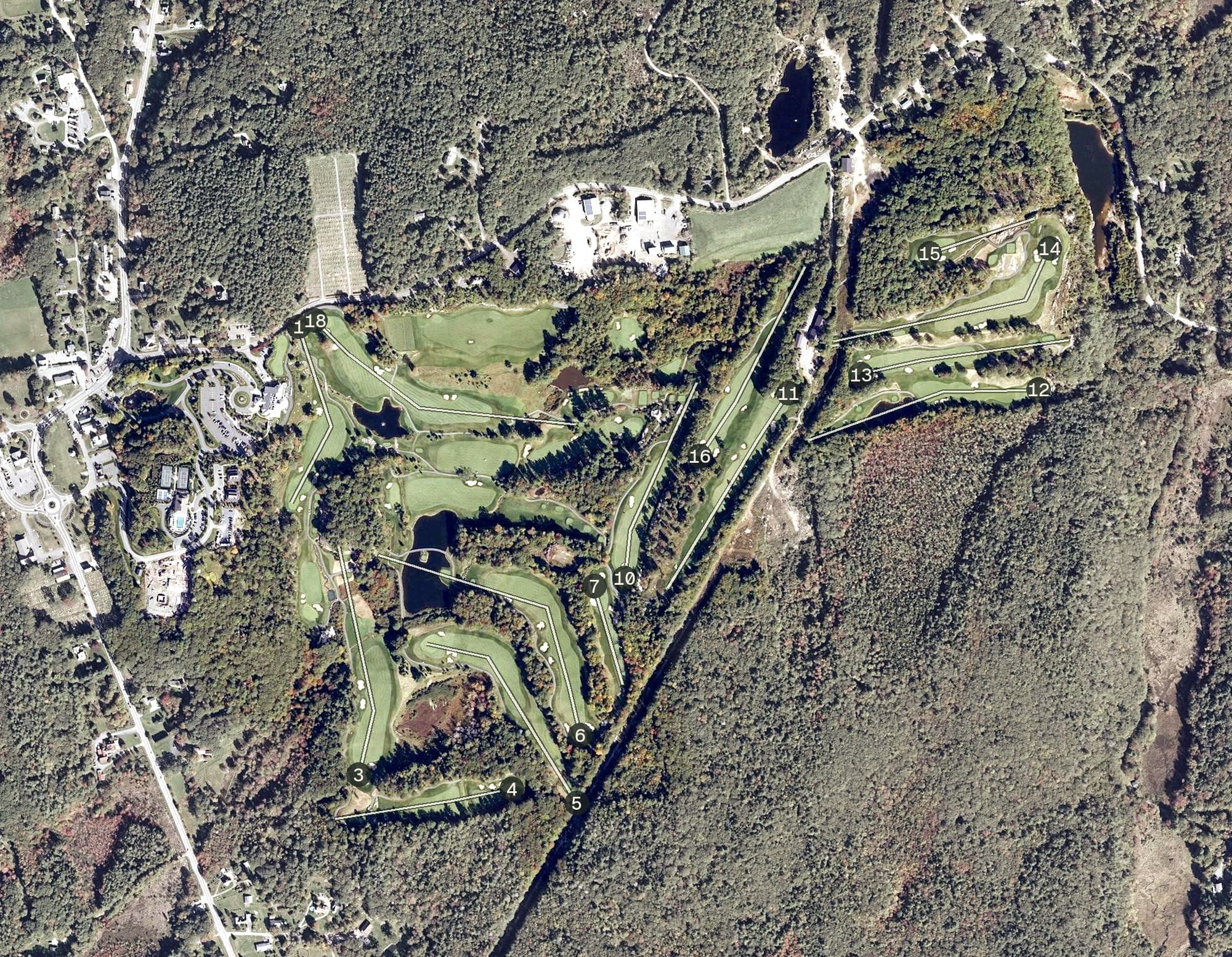 Aerial view of Boothbay Harbor Country Club, ME, with its hole routing marked