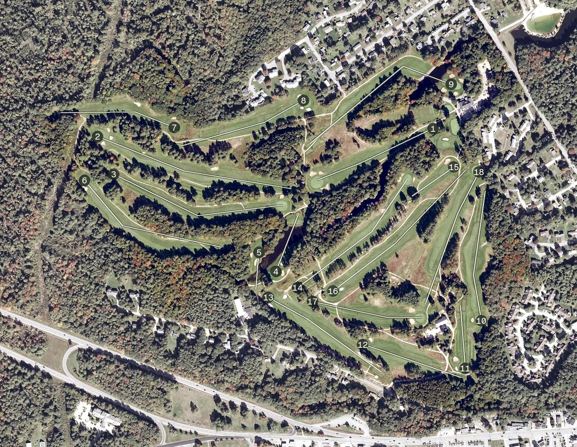 Aerial view of Brunswick Golf Club, ME, with its hole routing marked