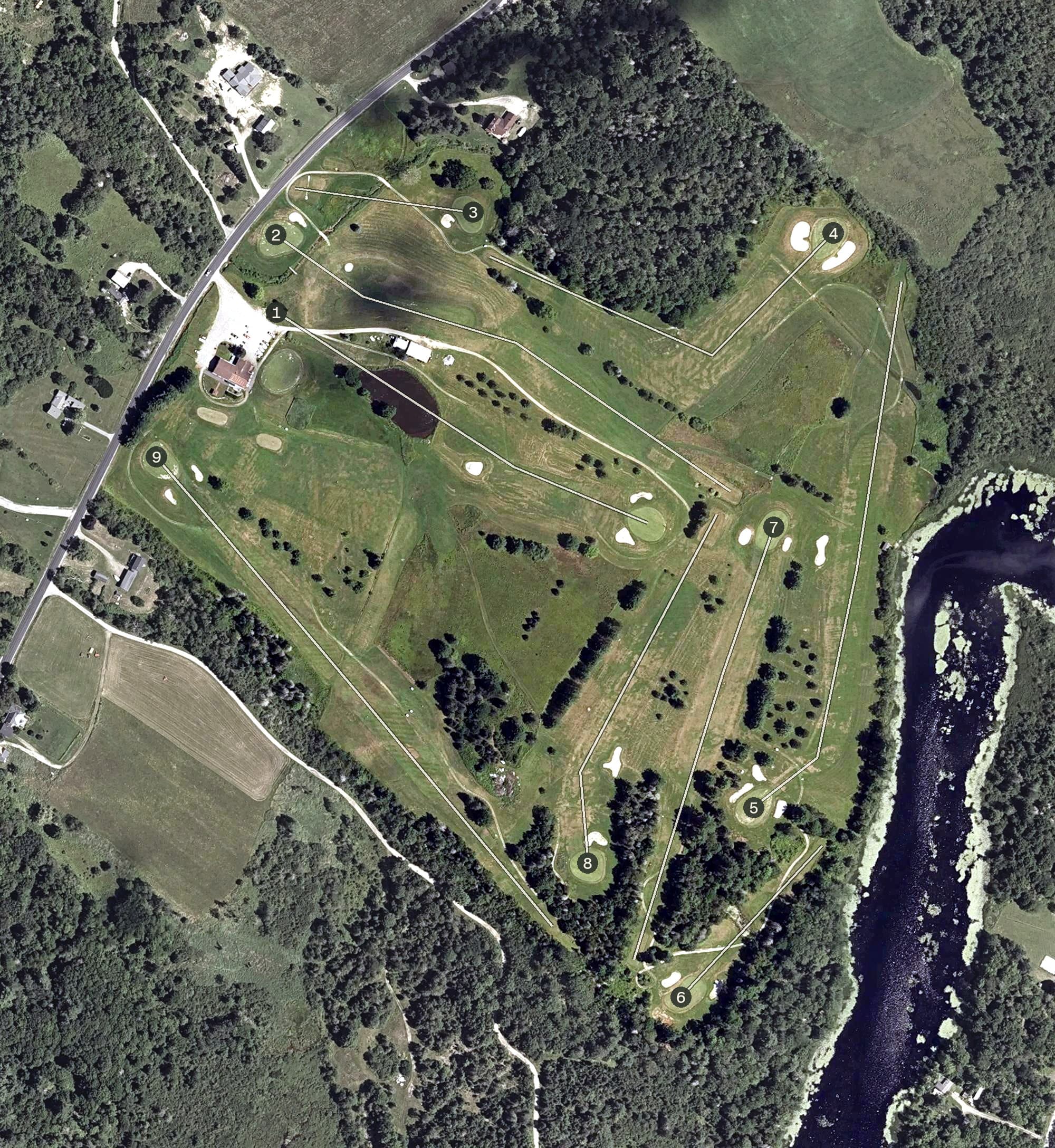 Aerial view of Bucksport Golf Club, ME, with its hole routing marked