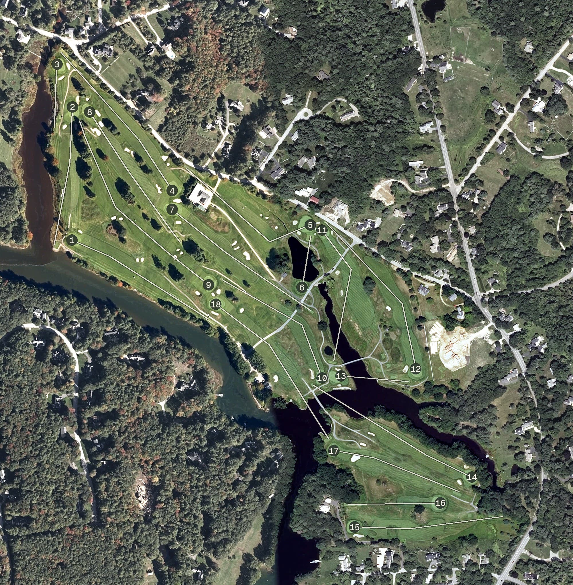 Aerial view of Cape Arundel Golf Club, ME, with its hole routing marked