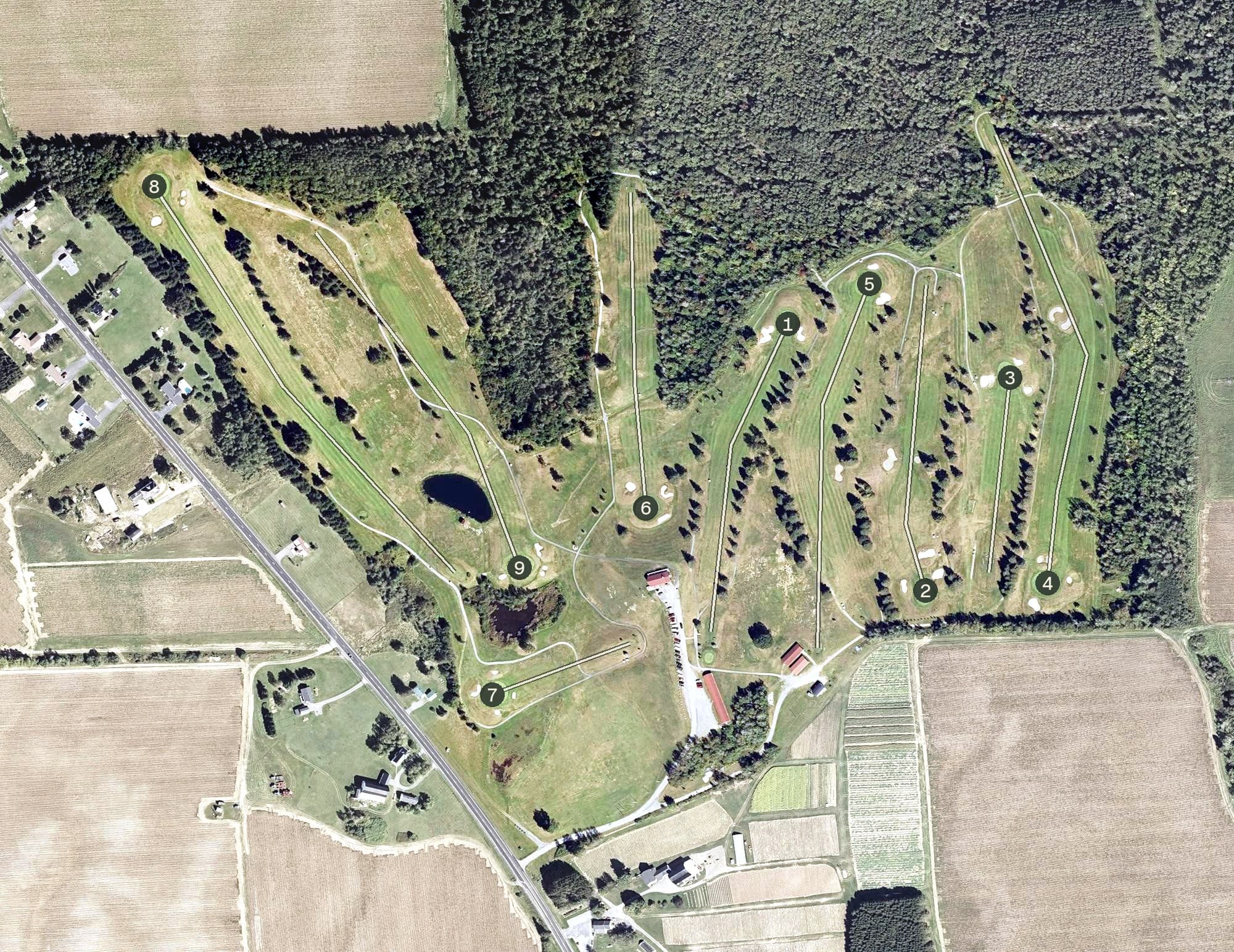 Aerial view of Caribou Country Club, ME, with its hole routing marked