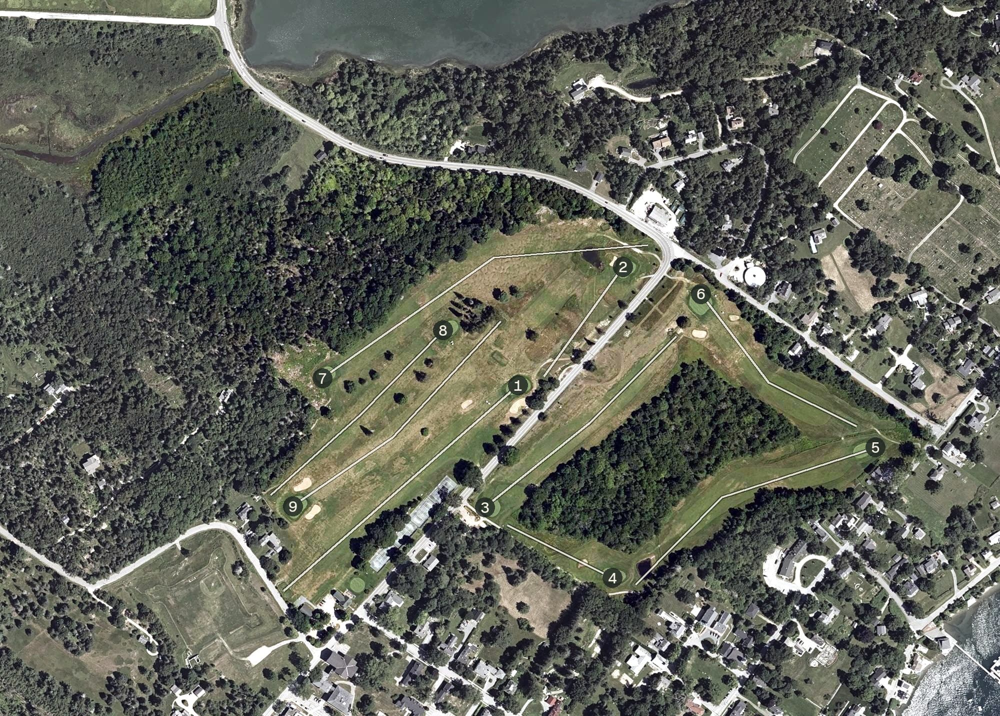 Aerial view of Castine Golf Club, ME, with its hole routing marked