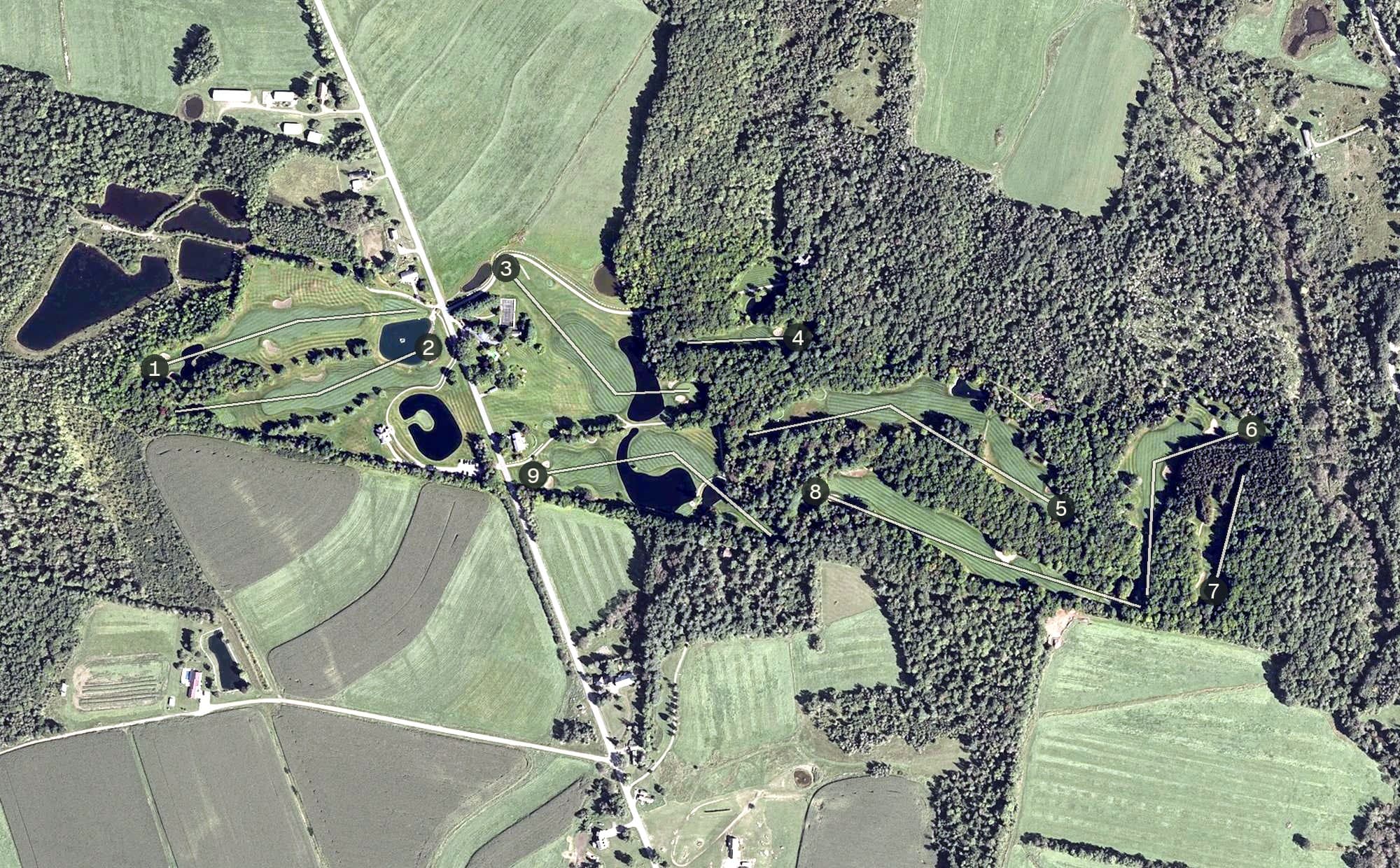 Aerial view of Clinton Golf Course, ME, with its hole routing marked