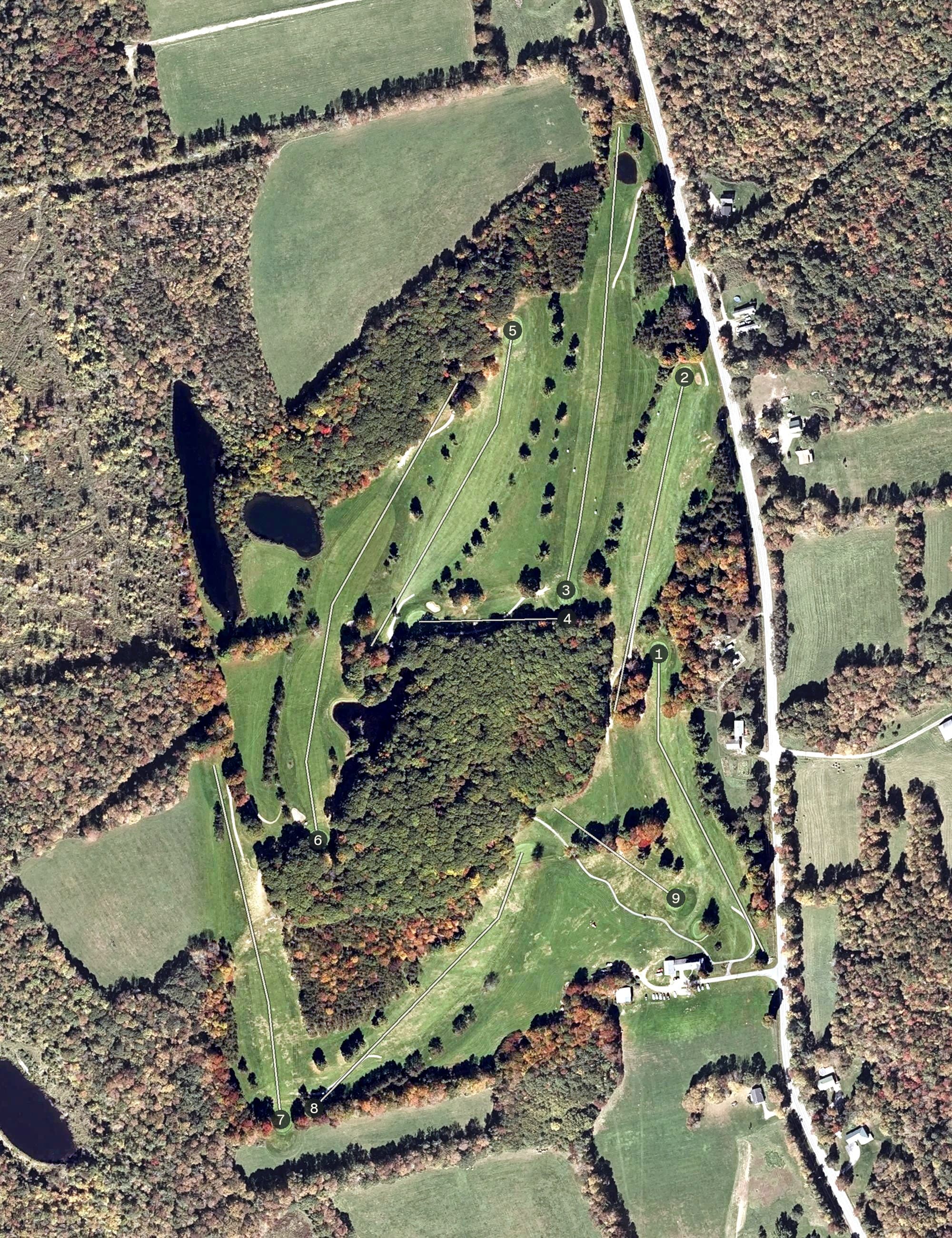 Aerial view of Country View Golf Club, ME, with its hole routing marked