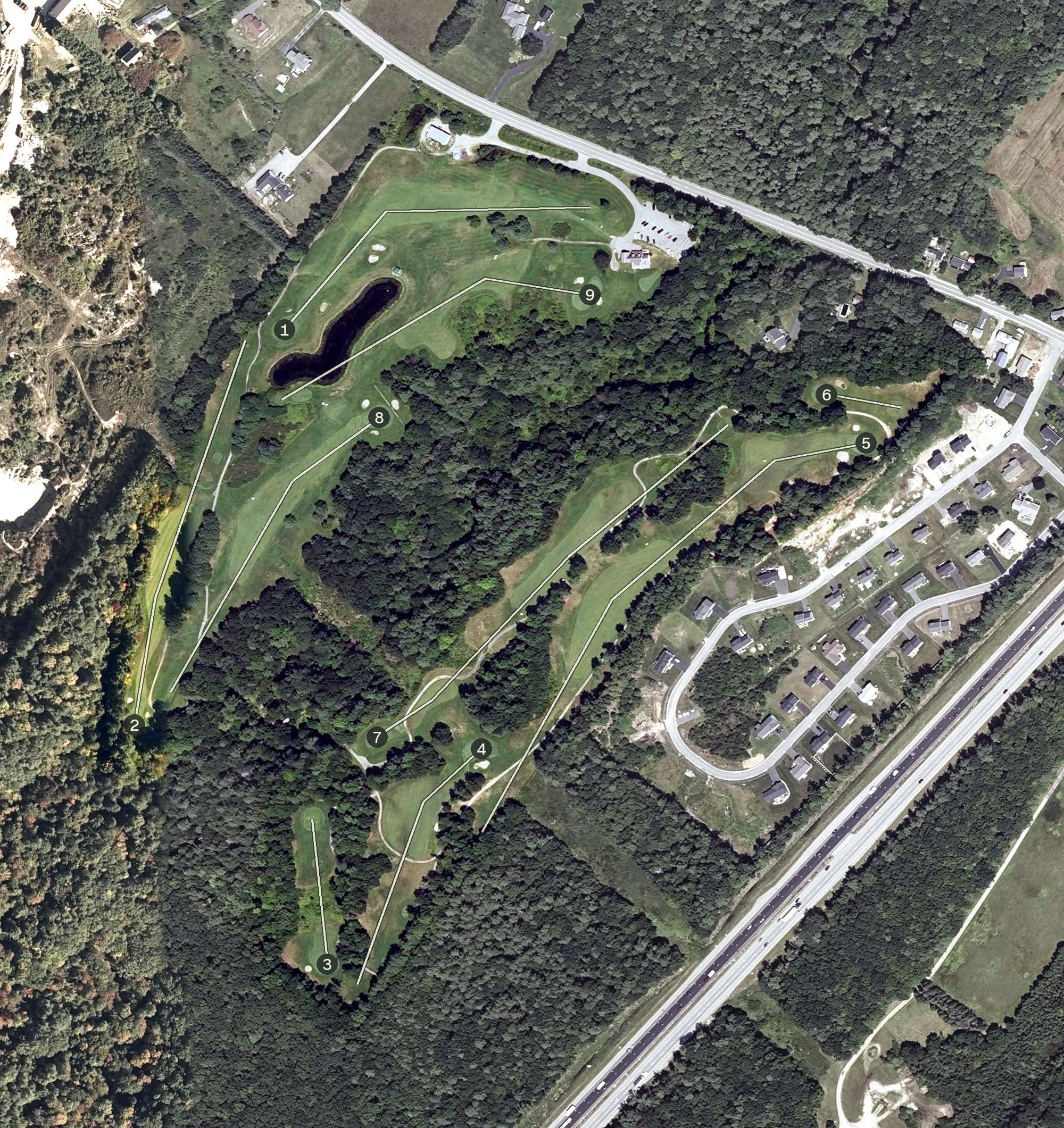 Aerial view of Deep Brook Golf Course, ME, with its hole routing marked