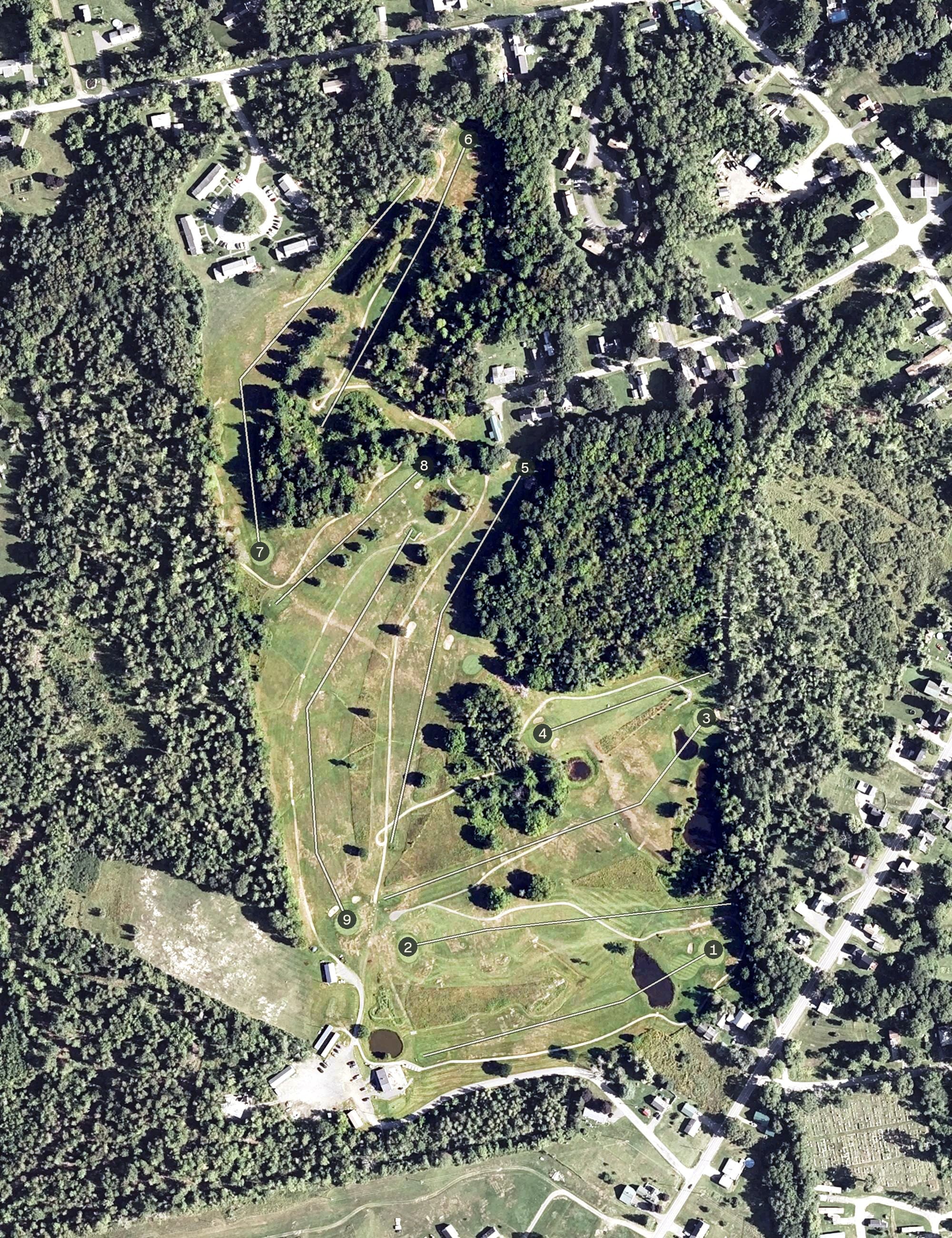 Aerial view of Dexter Municipal Golf Course, ME, with its hole routing marked