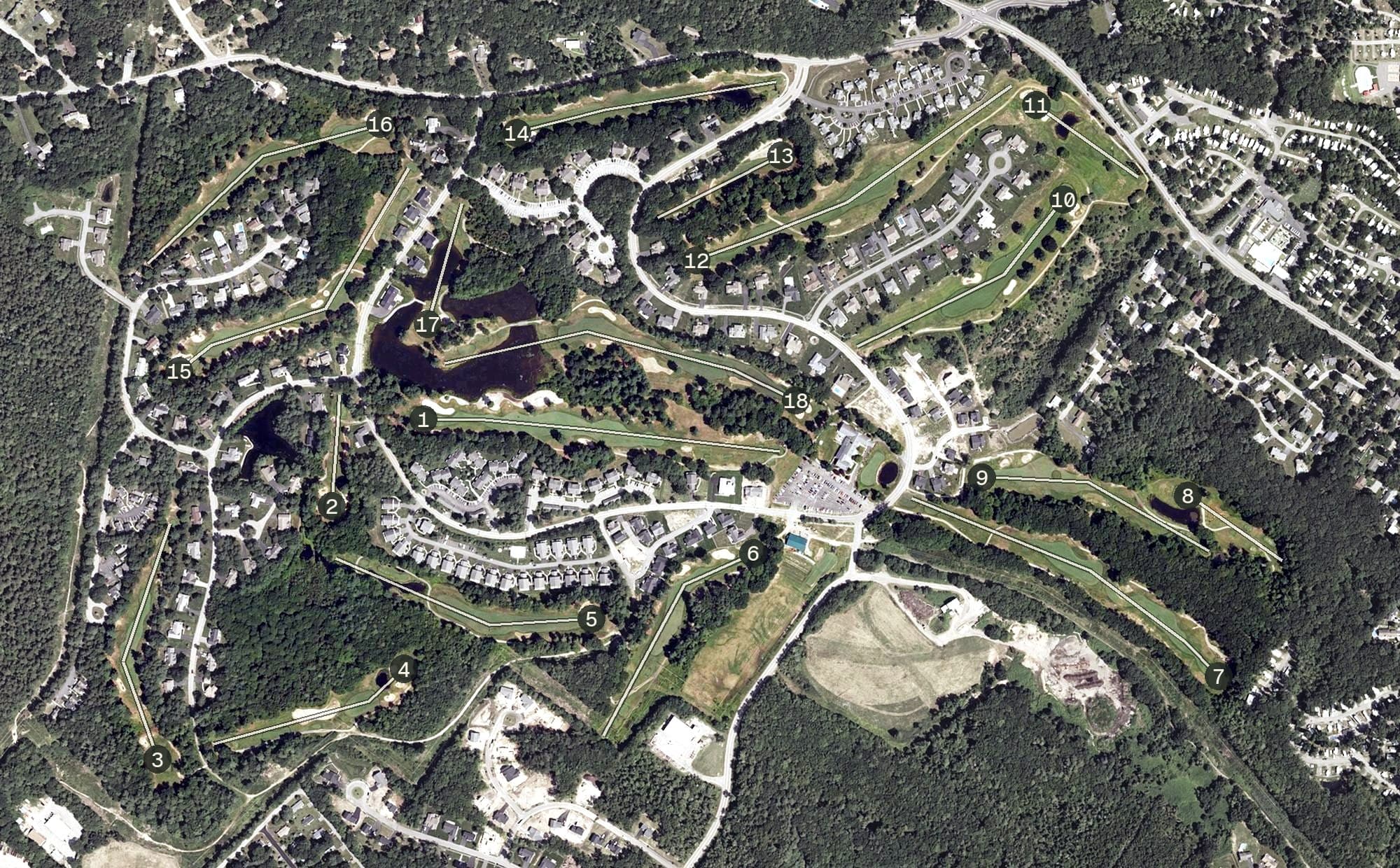 Aerial view of Dunegrass Golf Club, ME, with its hole routing marked
