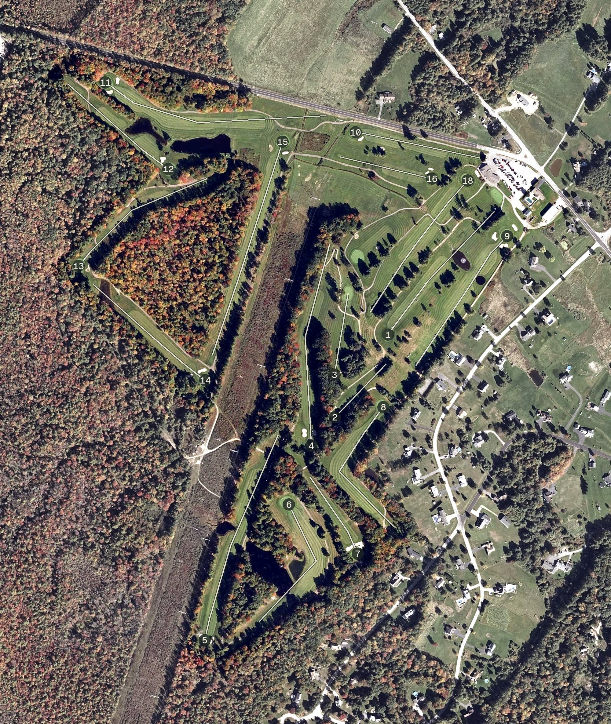 Aerial view of Dutch Elm Golf Club, ME, with its hole routing marked