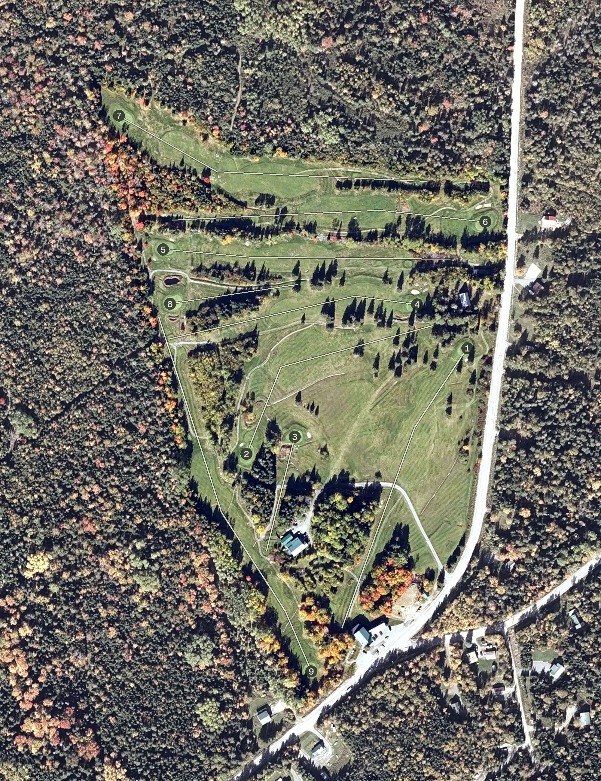 Aerial view of Evergreen Golf Club, ME, with its hole routing marked