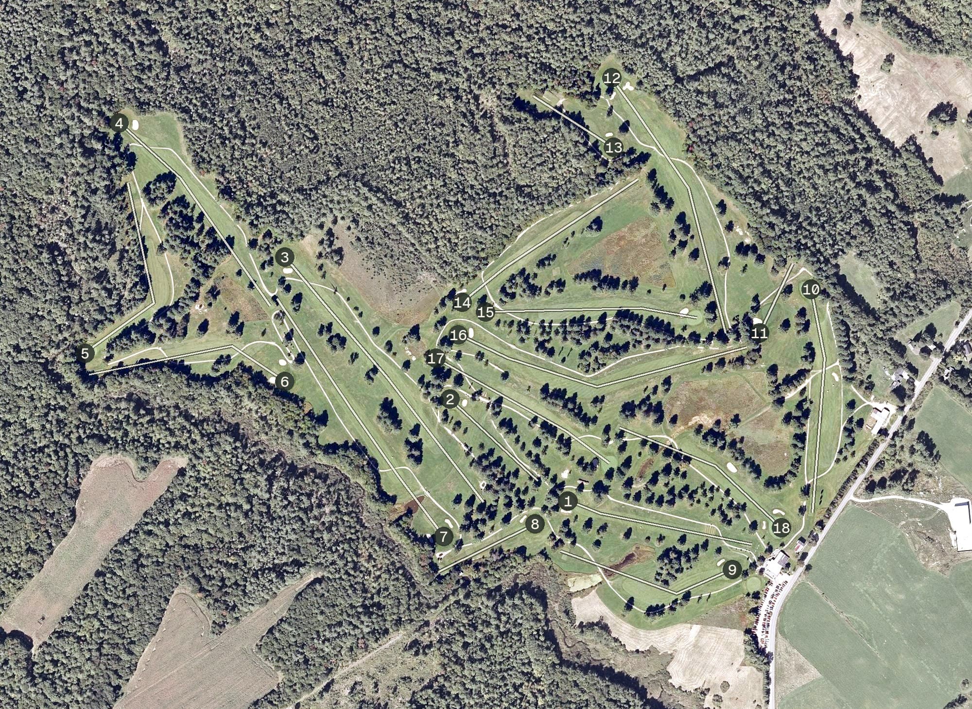 Aerial view of Fairlawn Golf Course, ME, with its hole routing marked
