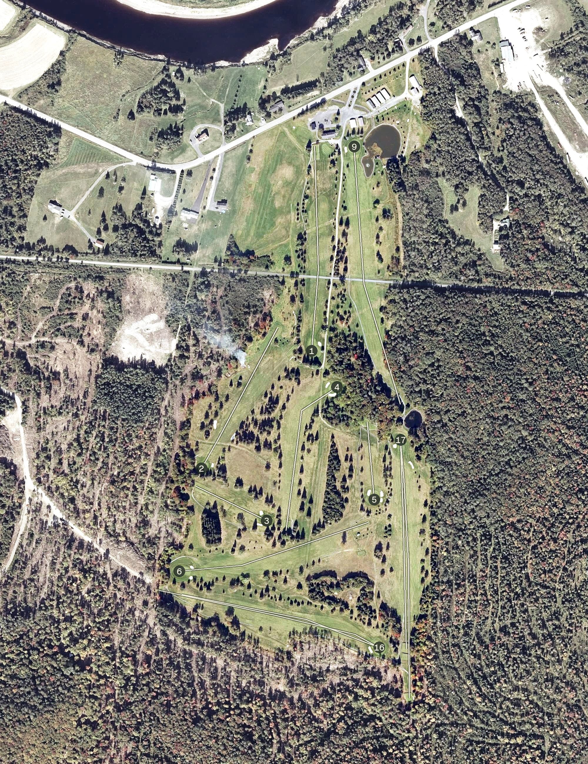 Aerial view of Fort Kent Golf Club, ME, with its hole routing marked