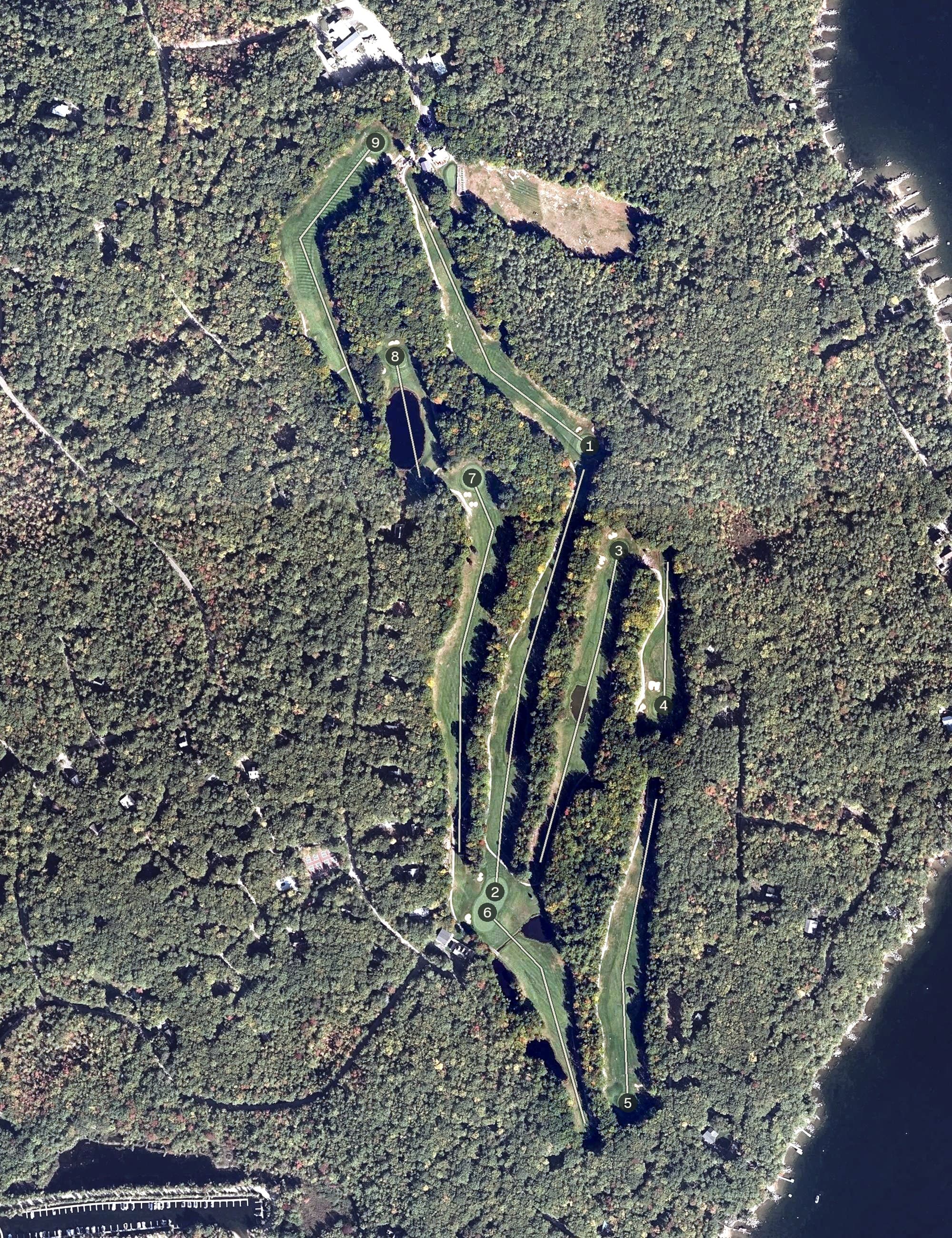 Aerial view of Frye Island Golf Club, ME, with its hole routing marked