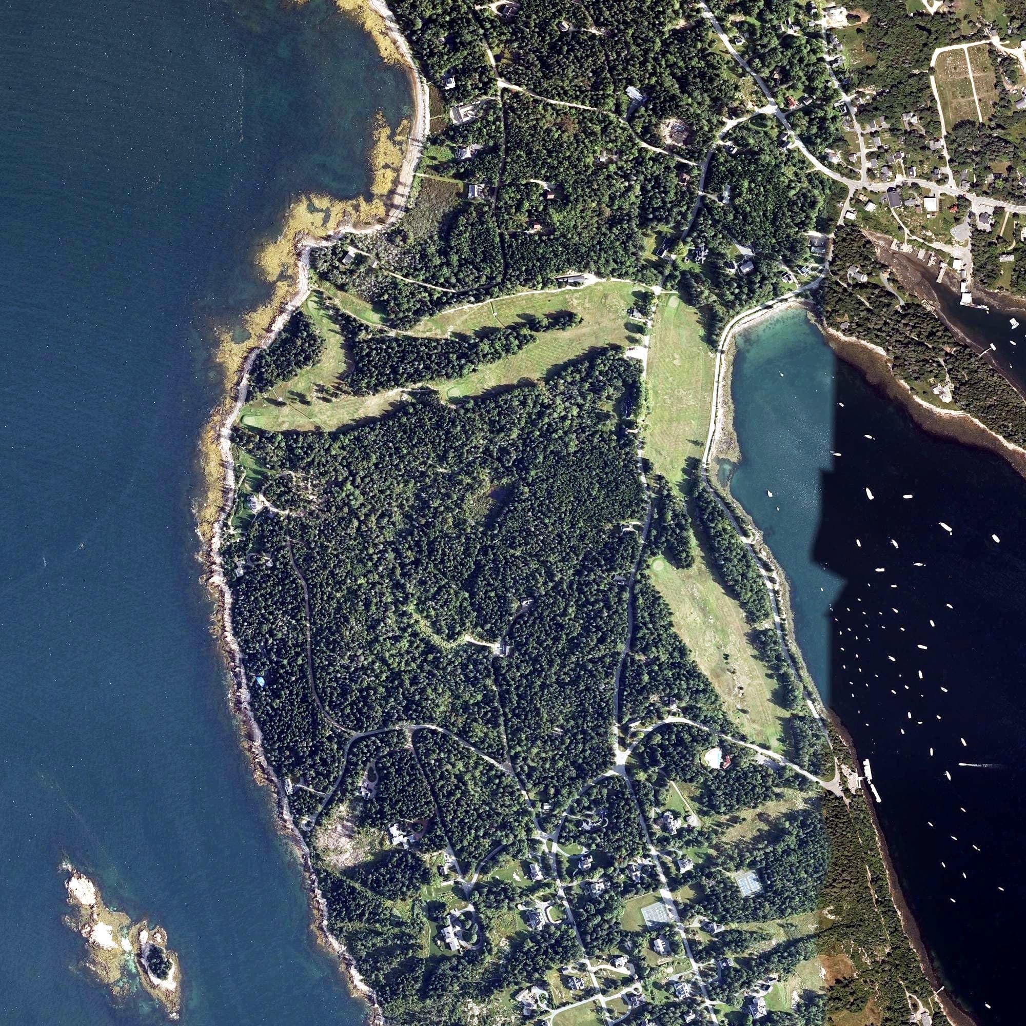 Aerial view of Grindstone Neck Golf Course, ME, with its hole routing marked