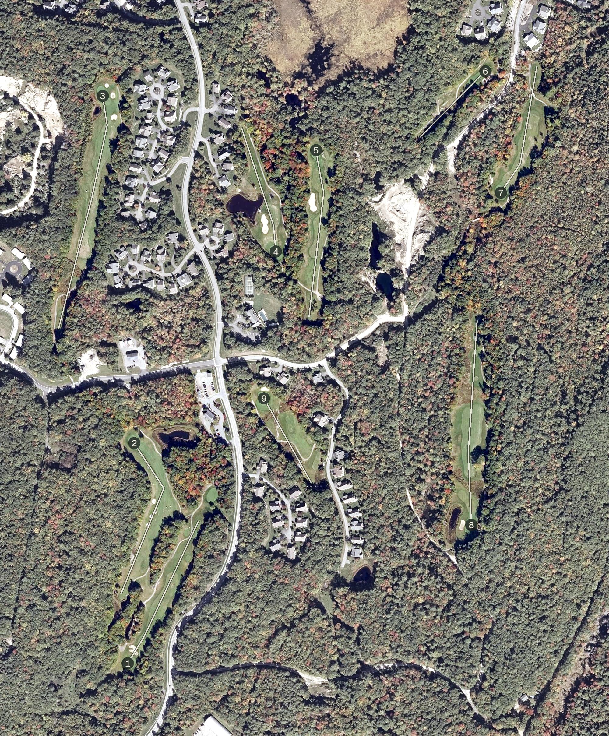 Aerial view of Highland Green Golf Club, ME, with its hole routing marked