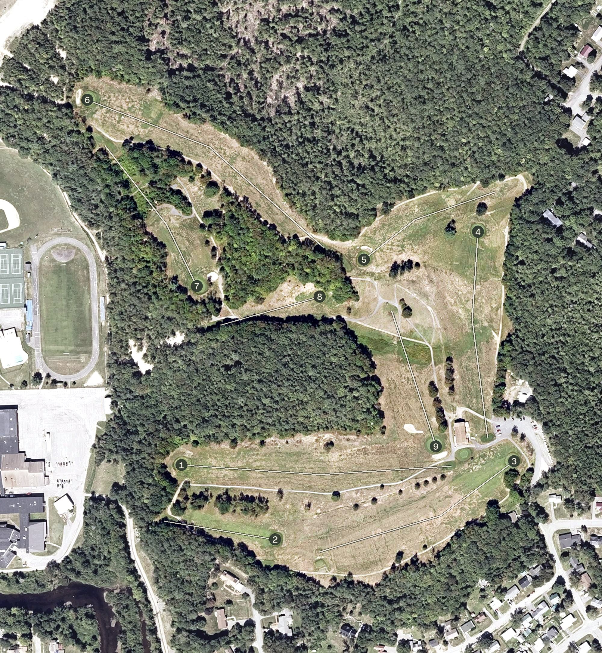 Aerial view of Hillcrest Golf Club, ME, with its hole routing marked