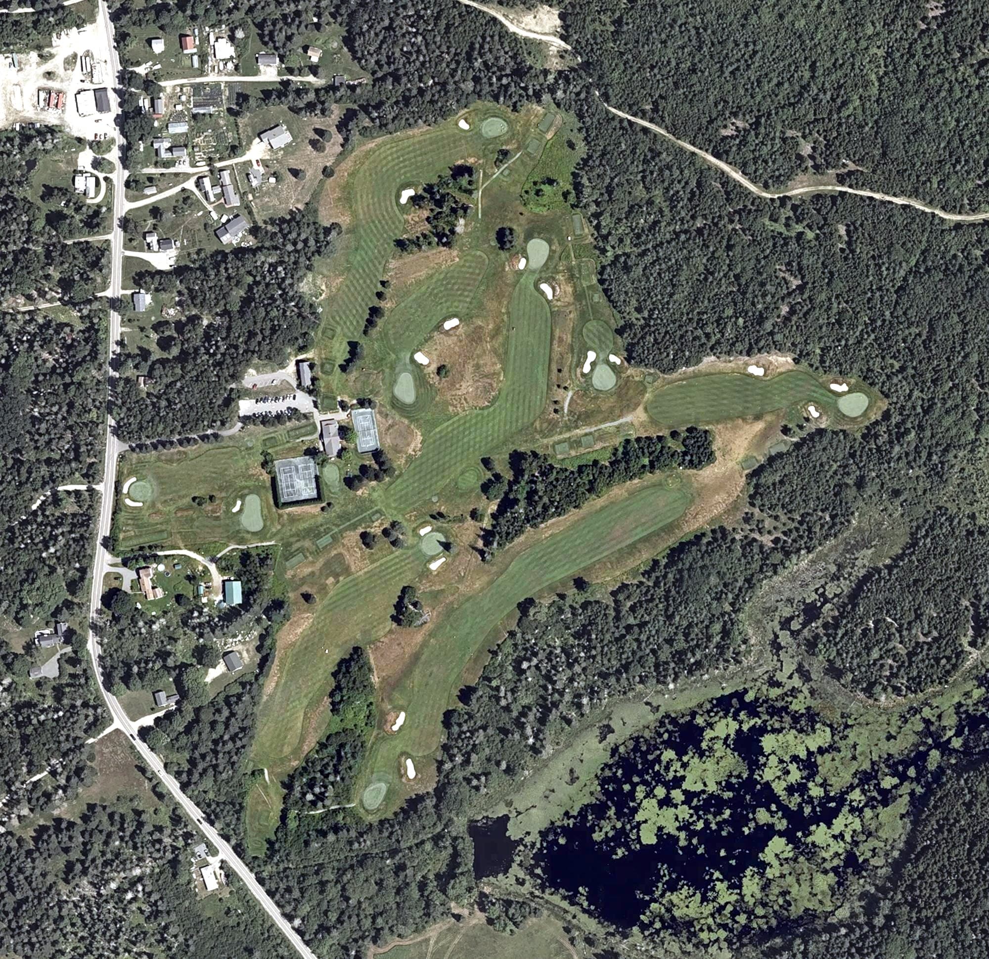 Aerial view of Island Country Club, ME, with its hole routing marked