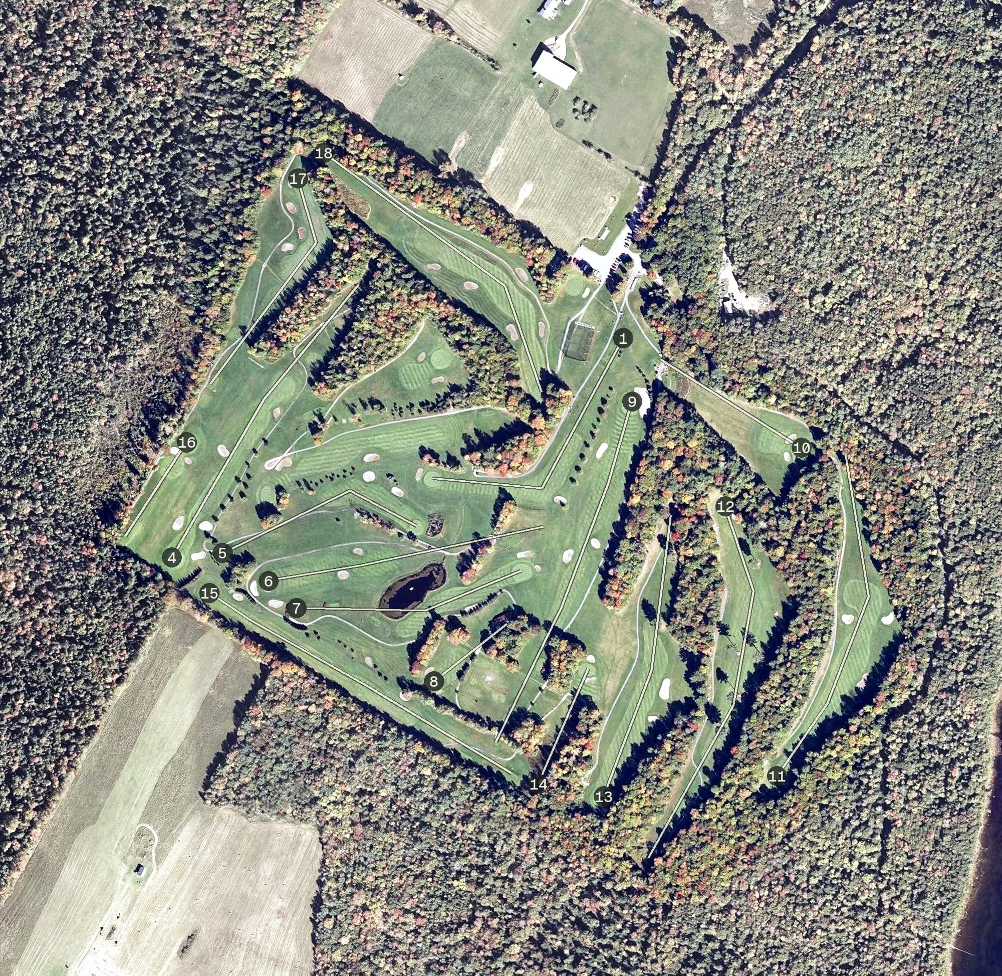 Aerial view of Jato Highlands, ME, with its hole routing marked