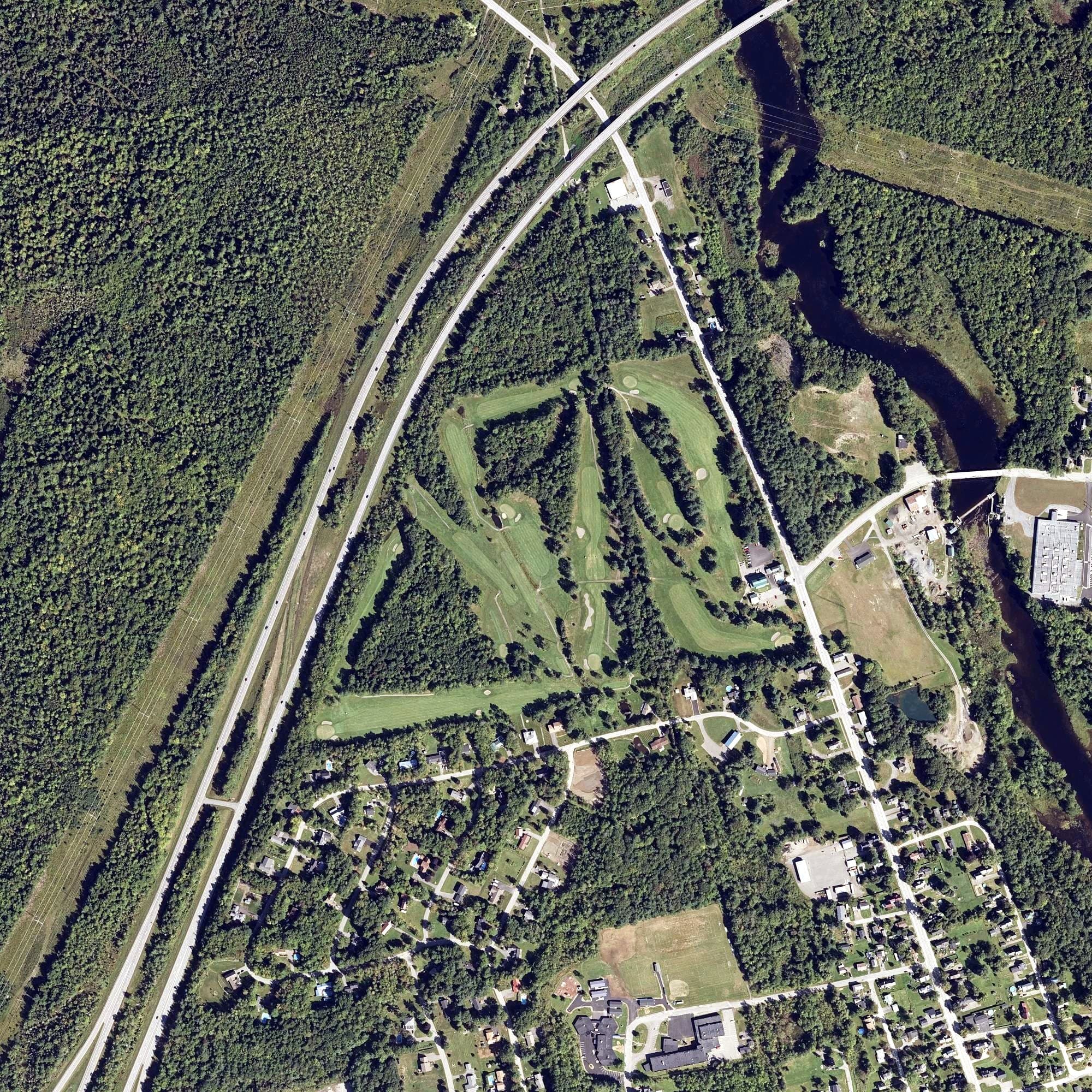 Aerial view of Johnson W Parks Golf Course, ME, with its hole routing marked