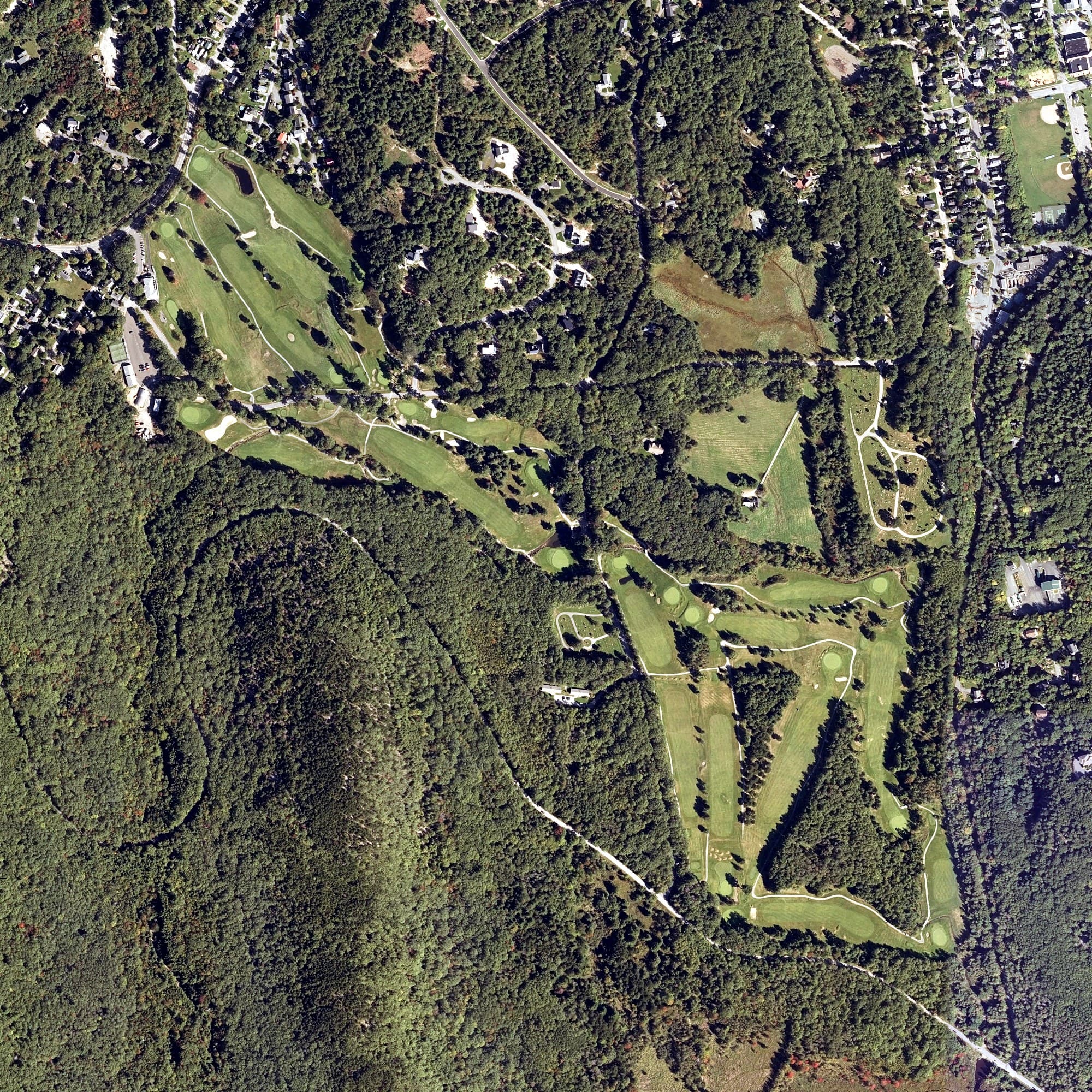 Aerial view of Kebo Valley Golf Club, ME, with its hole routing marked