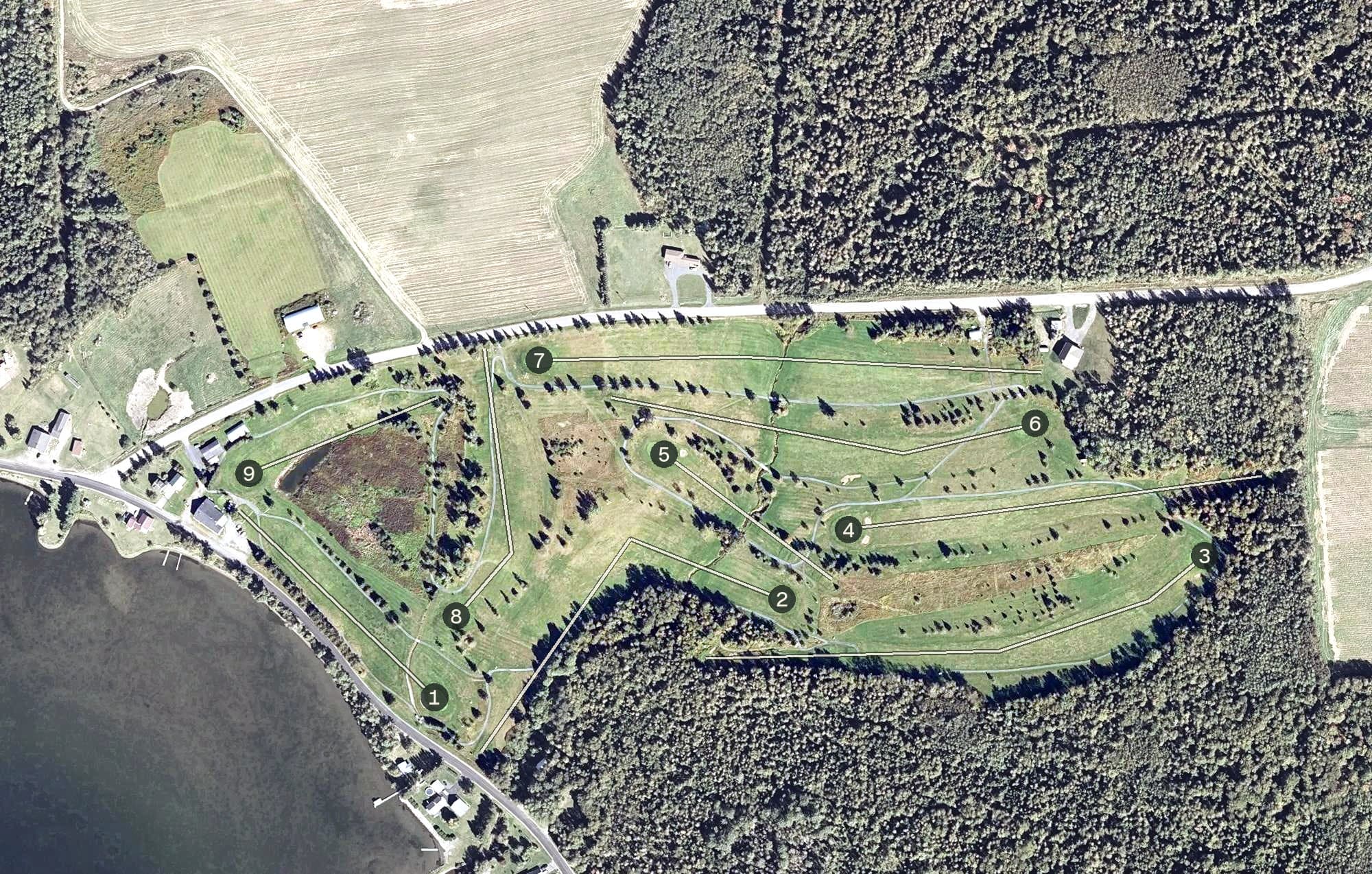 Aerial view of Long Lake Country Club, ME, with its hole routing marked