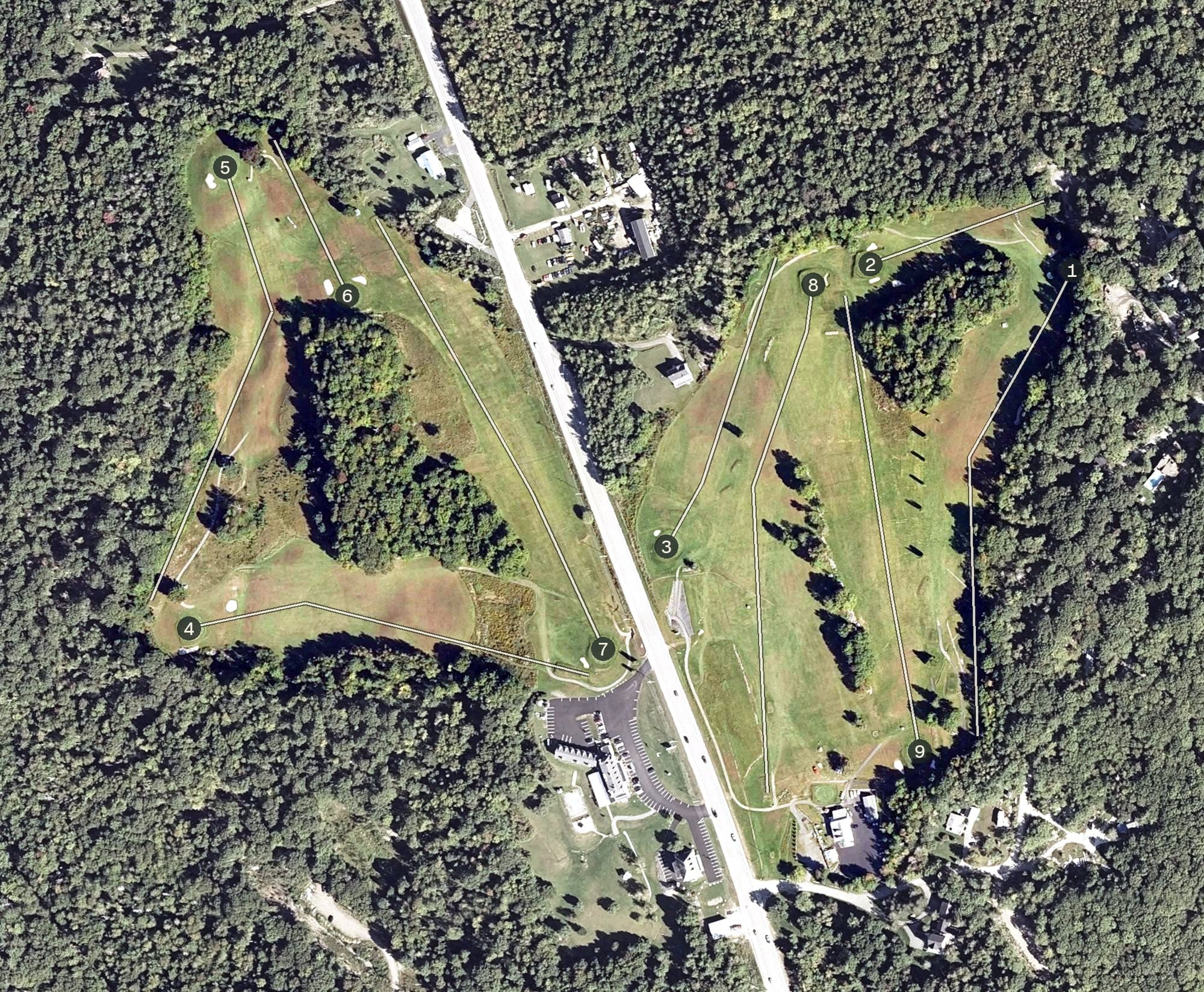 Aerial view of Lucerne Golf Course, ME, with its hole routing marked