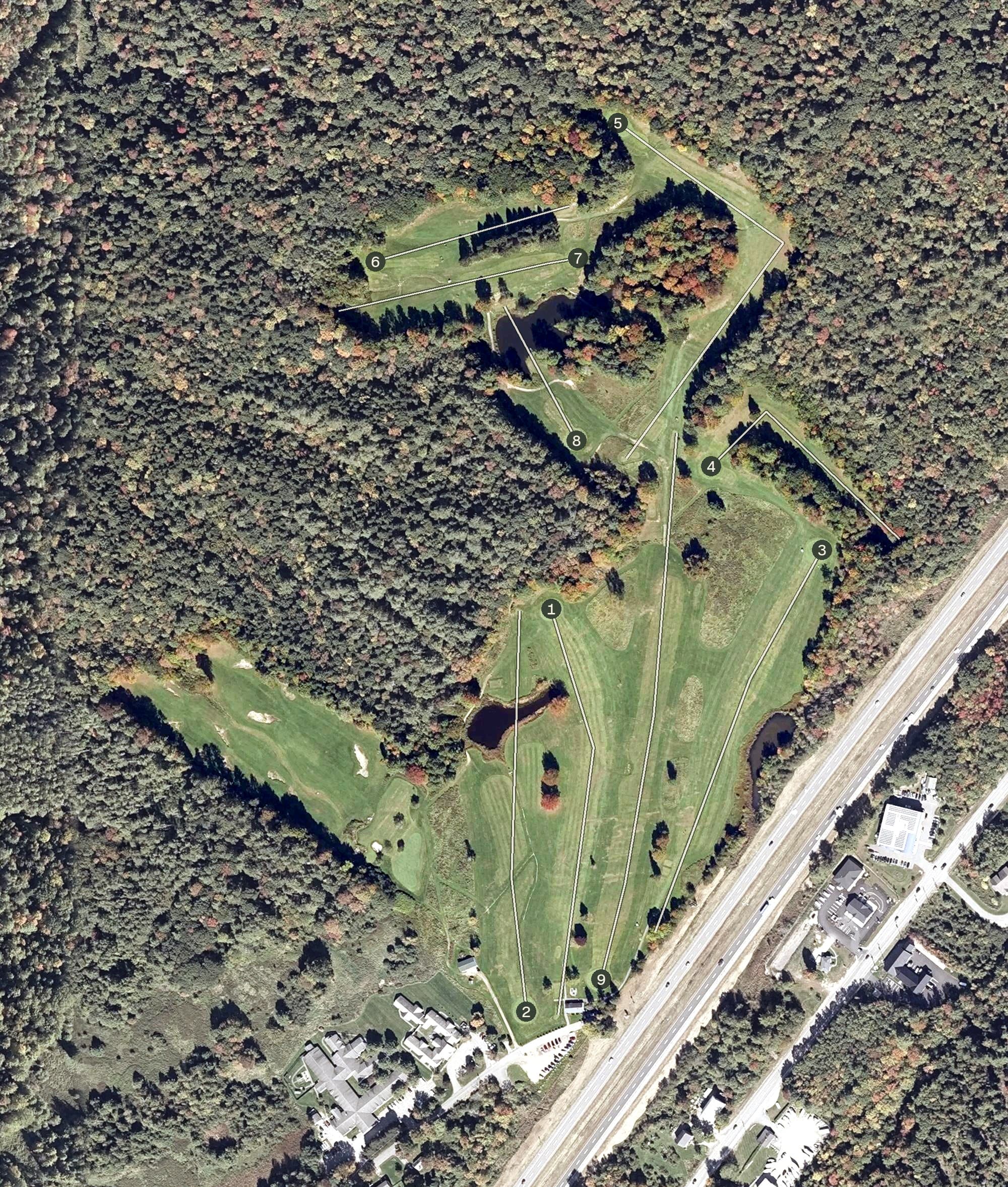 Aerial view of Maine Golf Center Freeport, ME, with its hole routing marked