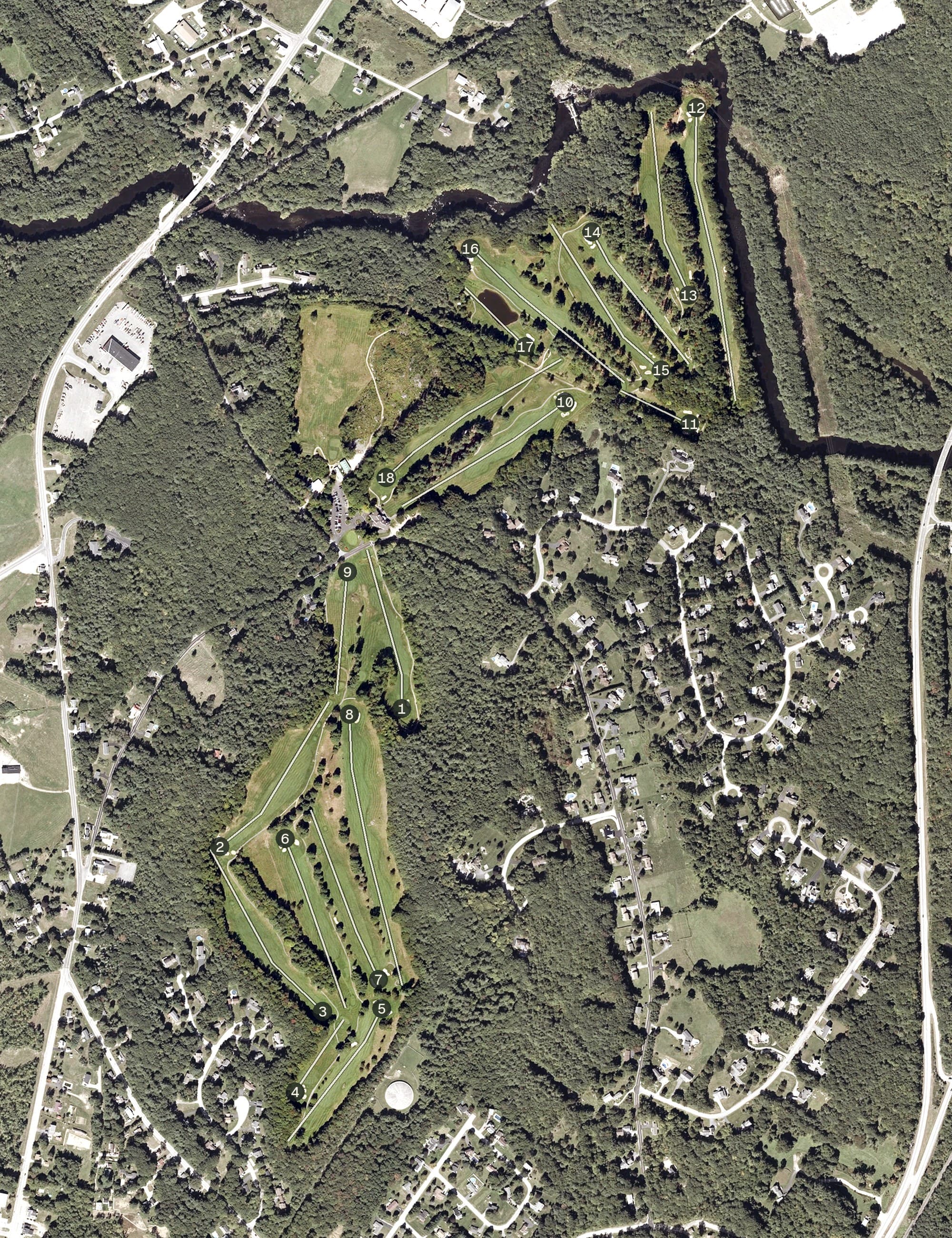 Aerial view of Martindale Country Club, ME, with its hole routing marked