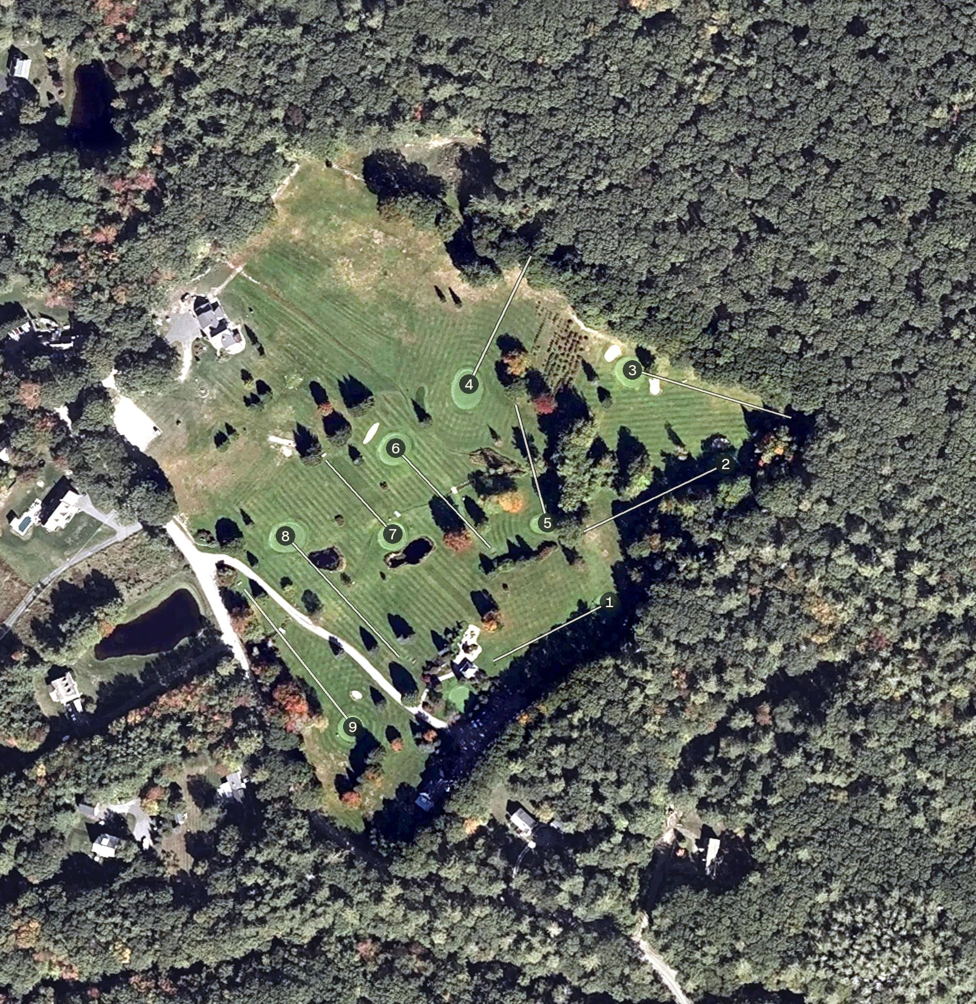 Aerial view of Merriland Farm, ME, with its hole routing marked