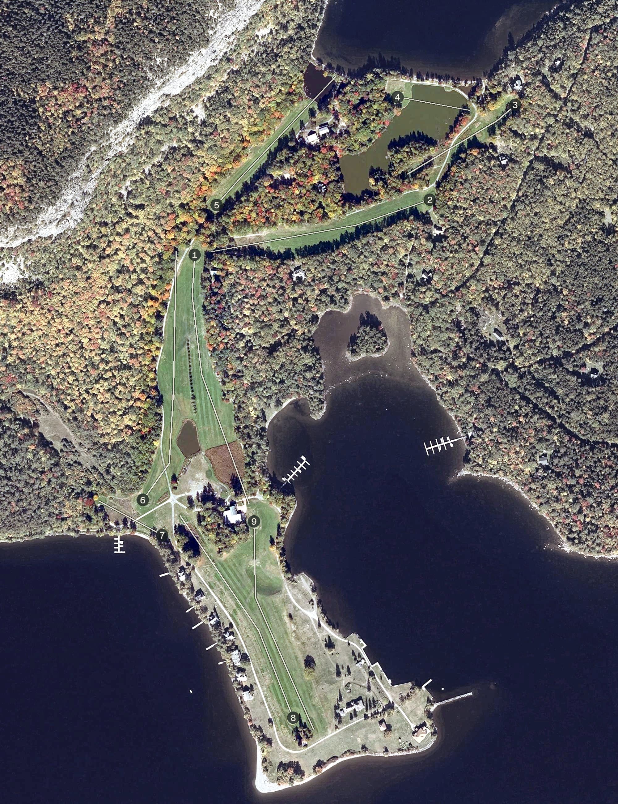 Aerial view of Mount Kineo Golf Course, ME, with its hole routing marked