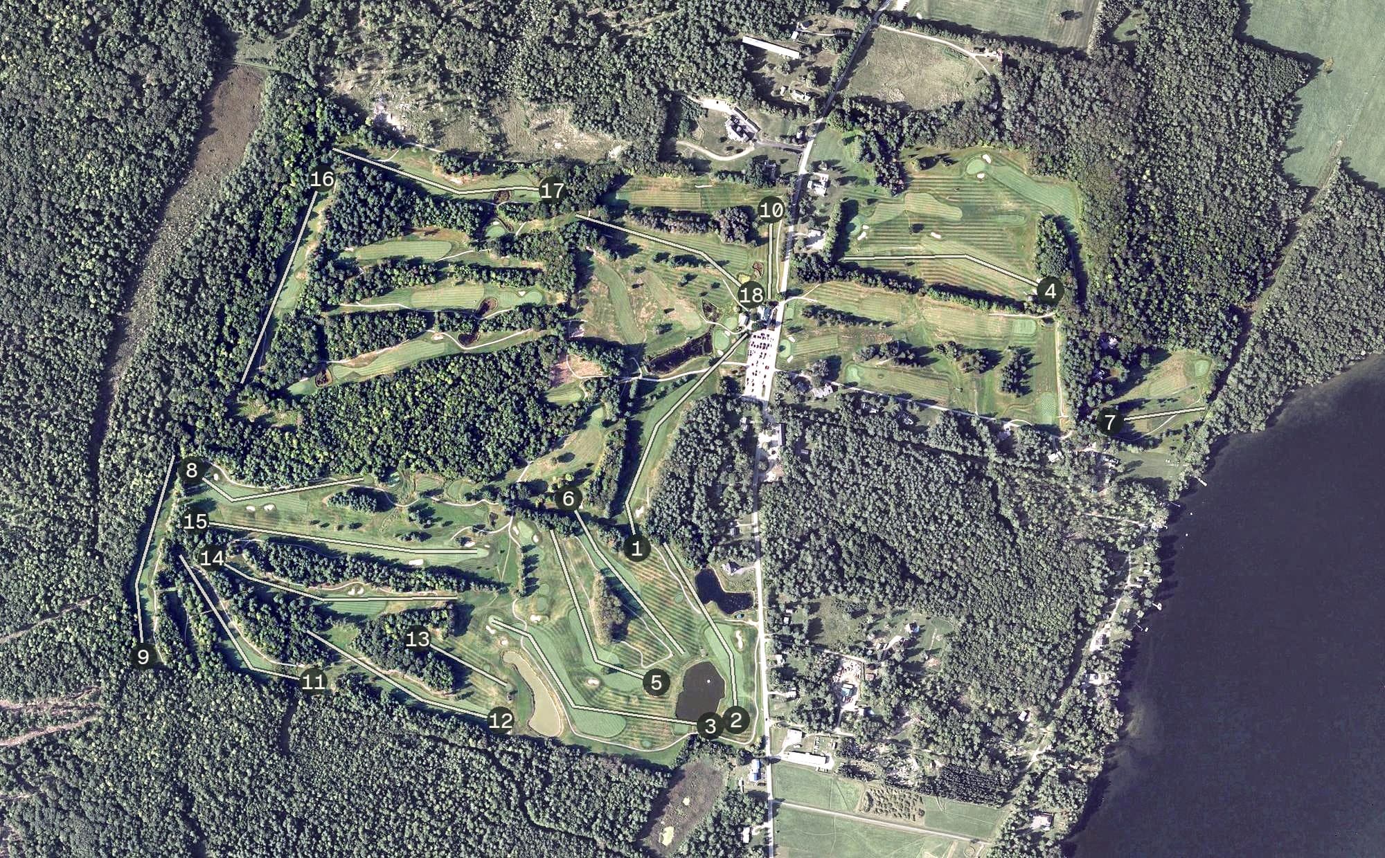 Aerial view of Natanis Golf Course, ME, with its hole routing marked