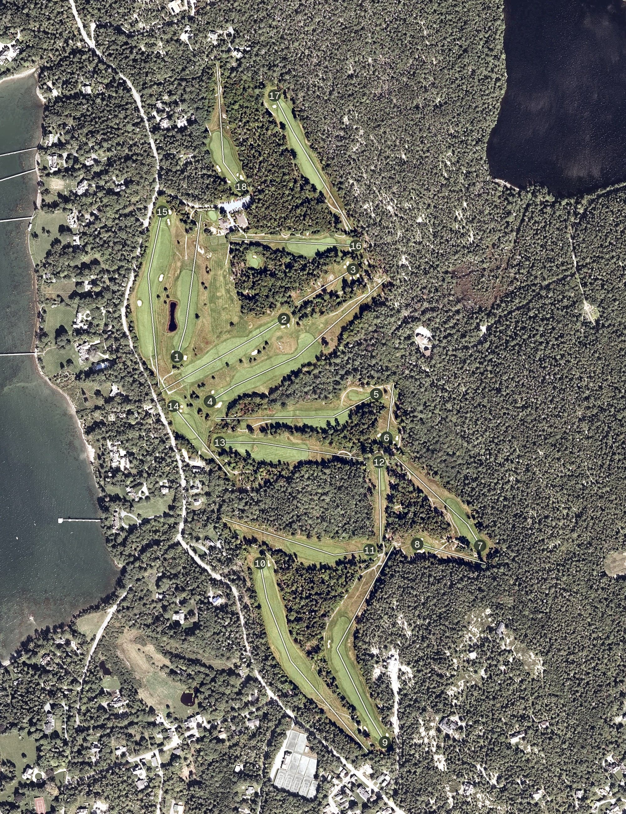 Aerial view of Northeast Harbor Golf Club, ME, with its hole routing marked