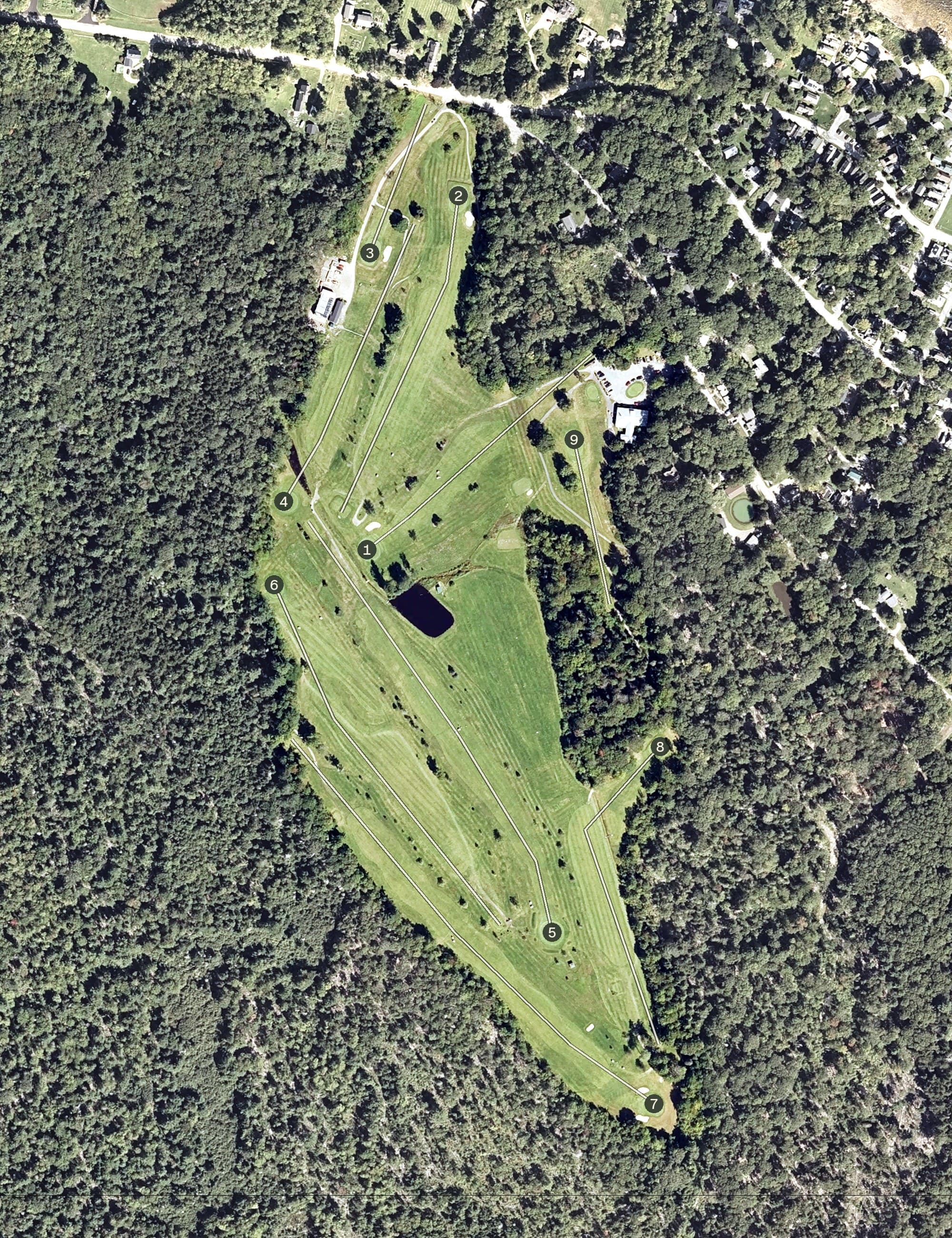 Aerial view of Northport Golf Club, ME, with its hole routing marked