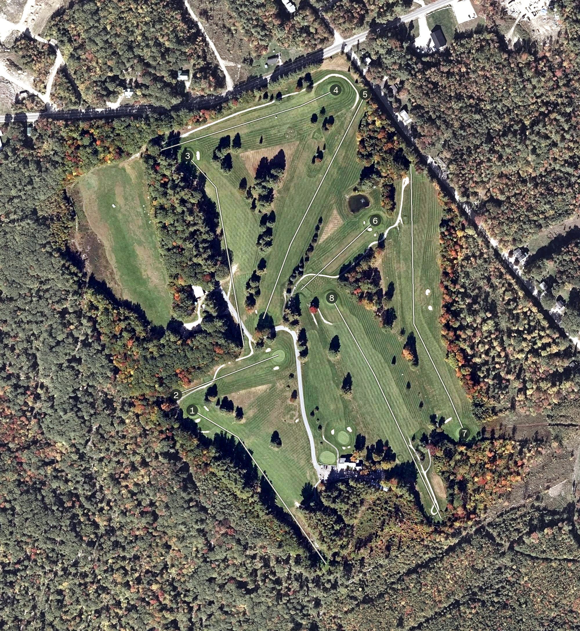 Aerial view of Norway Country Club, ME, with its hole routing marked
