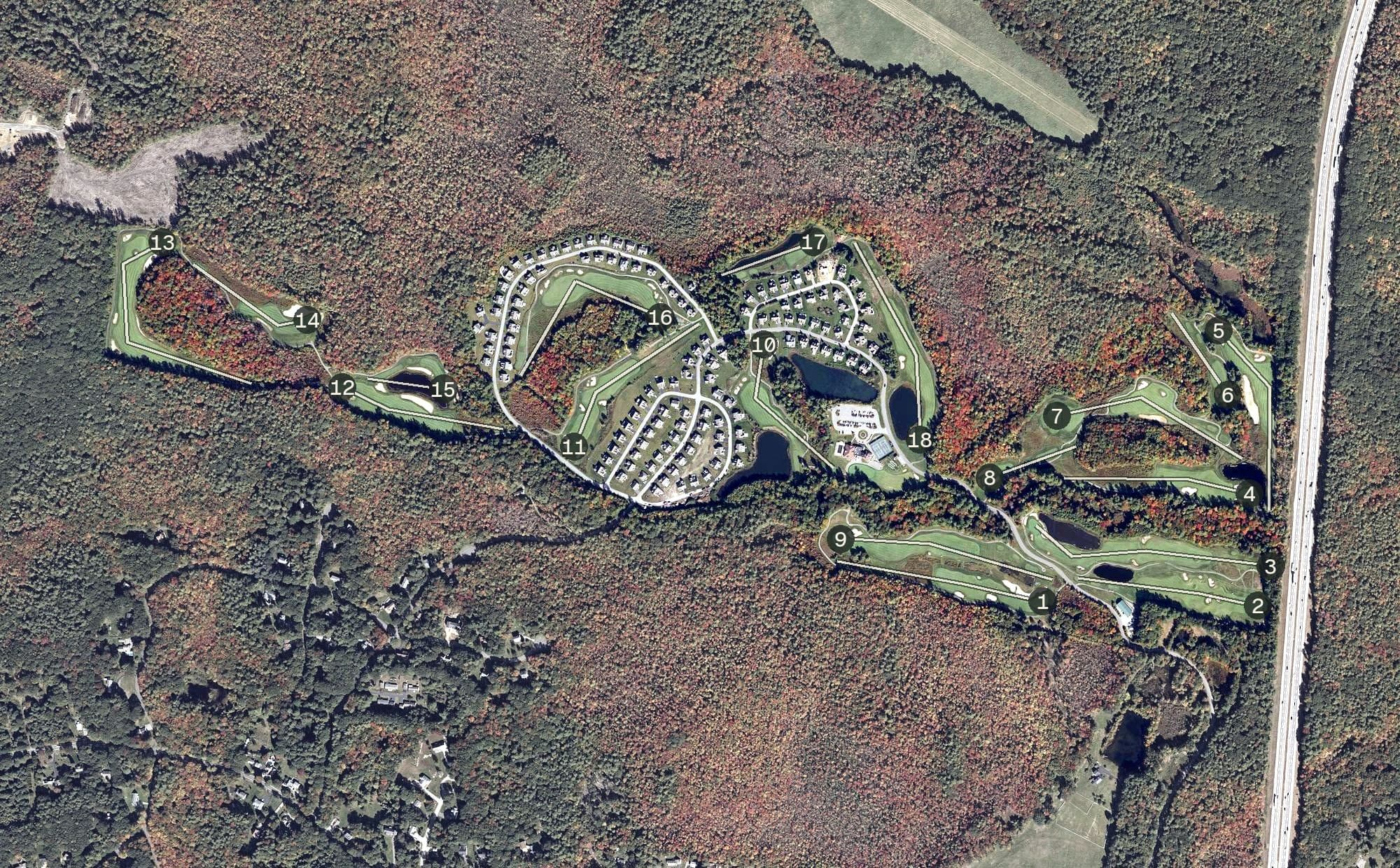 Aerial view of Old Marsh Country Club, ME, with its hole routing marked