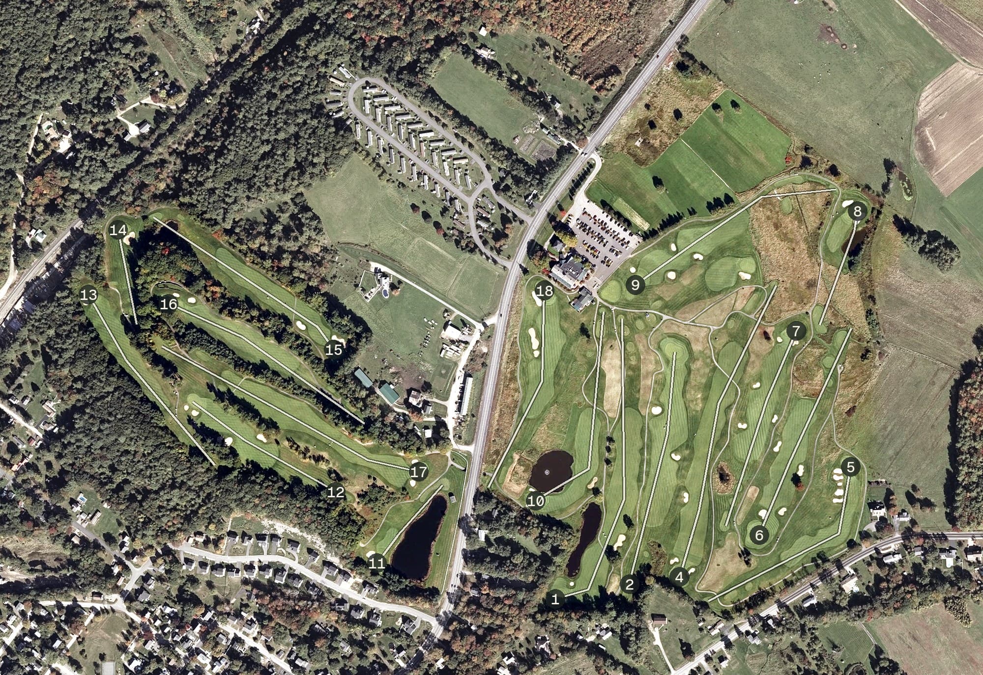 Aerial view of Outlook Golf, ME, with its hole routing marked