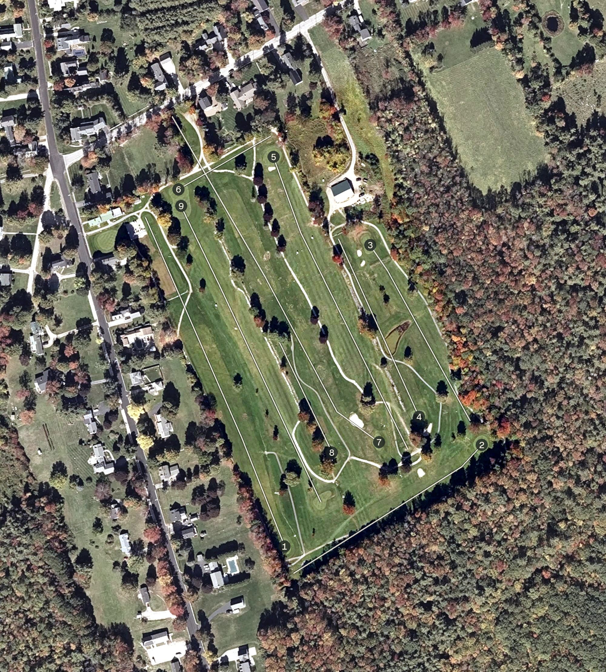 Aerial view of Paris Hill Country Club, ME, with its hole routing marked