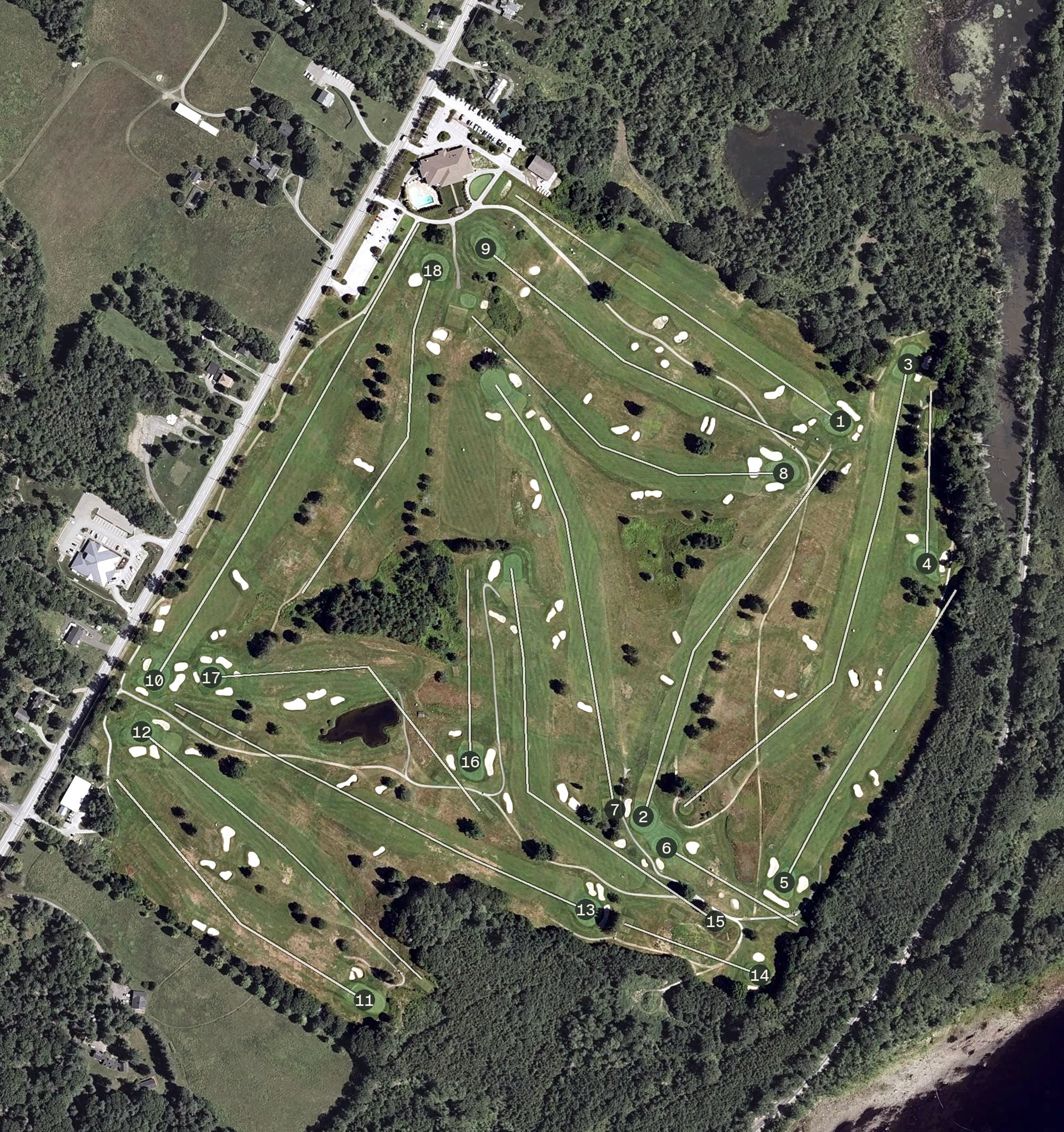Aerial view of Penobscot Valley Country Club, ME, with its hole routing marked