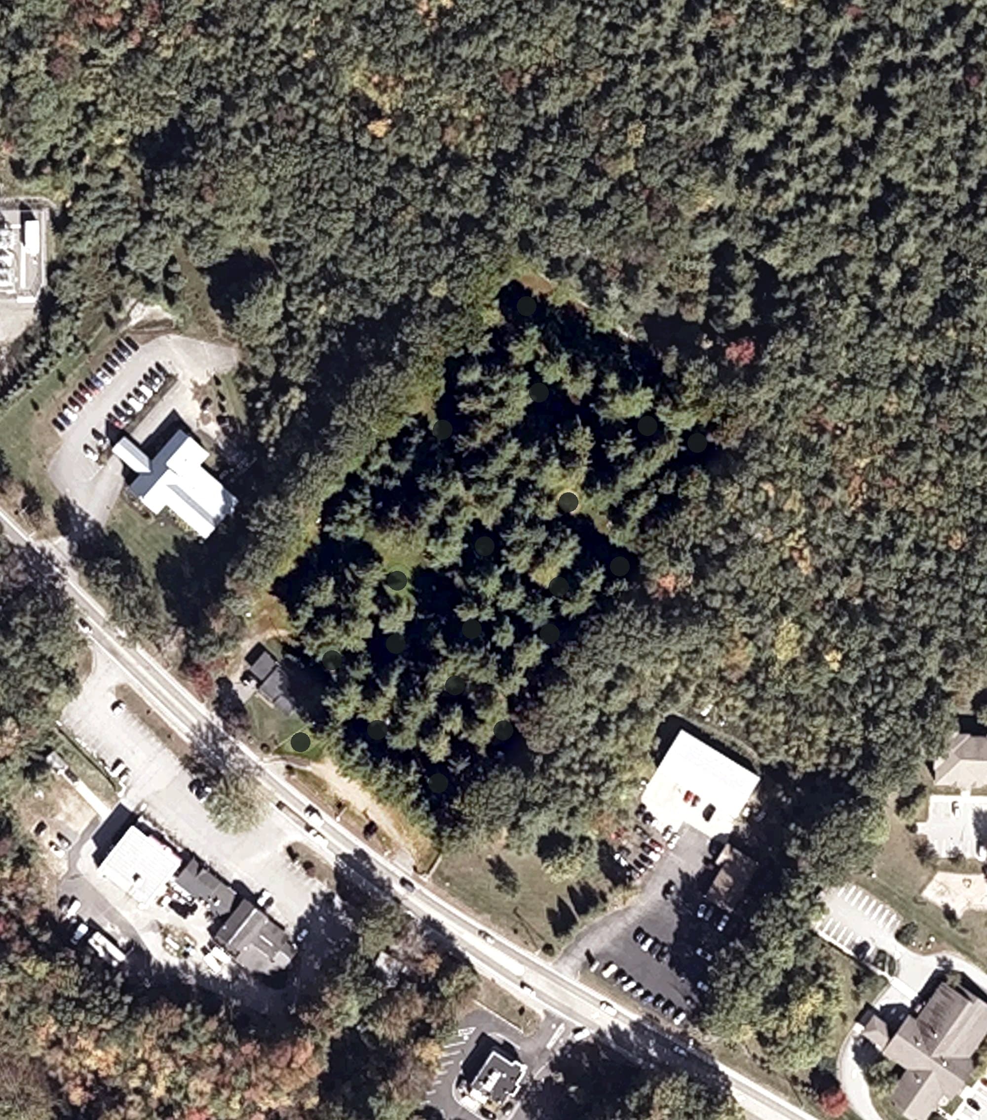 Aerial view of Pine Hollow Little Par Three Golf Course, ME, with its hole routing marked