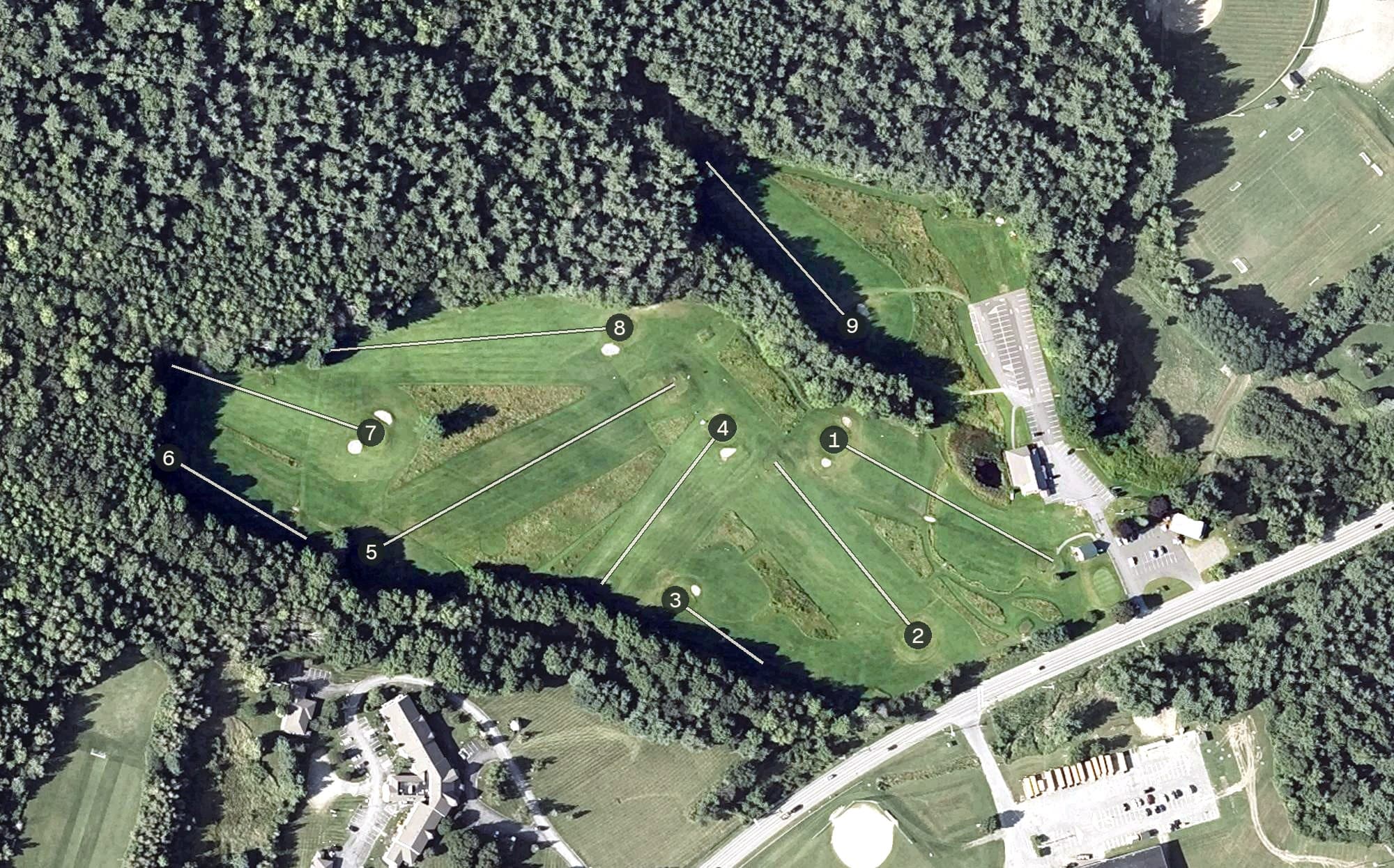 Aerial view of Pine Ridge Golf Course, ME, with its hole routing marked