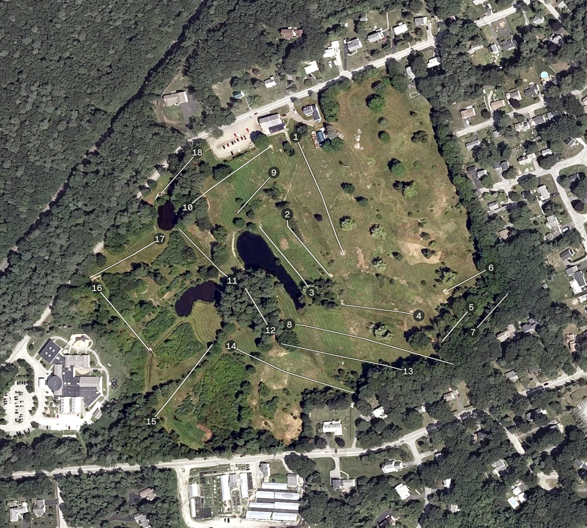 Aerial view of Pleasant Hill Disc Golf, ME, with its hole routing marked